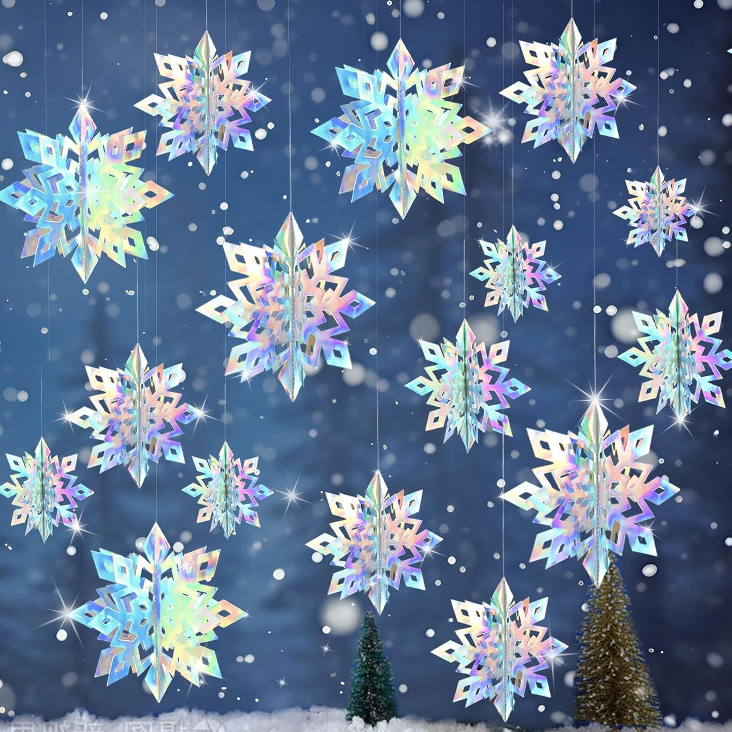 OuMuaMua Christmas Snowflake Decorations - 15pcs 3D Iridescent Laser Paper Snowflakes for Holiday Decor