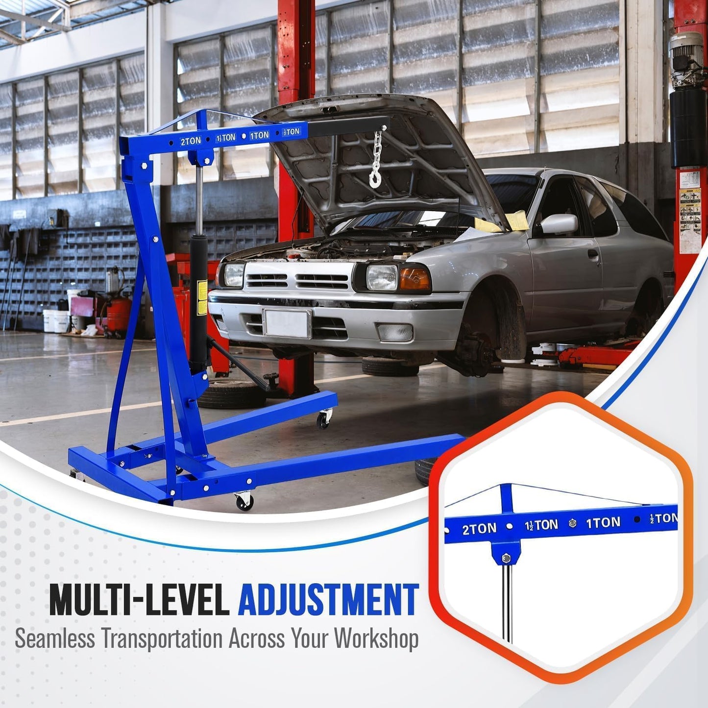 Foldable Engine Hoist, 2 Ton (4000 LB) Hydraulic Cherry Picker, Steel Mobile Load Lifter with 6 Wheels and Telescopic Boom, for Shop Crane, Garage, Workshop, Auto Repair, Heavy-Duty, Blue