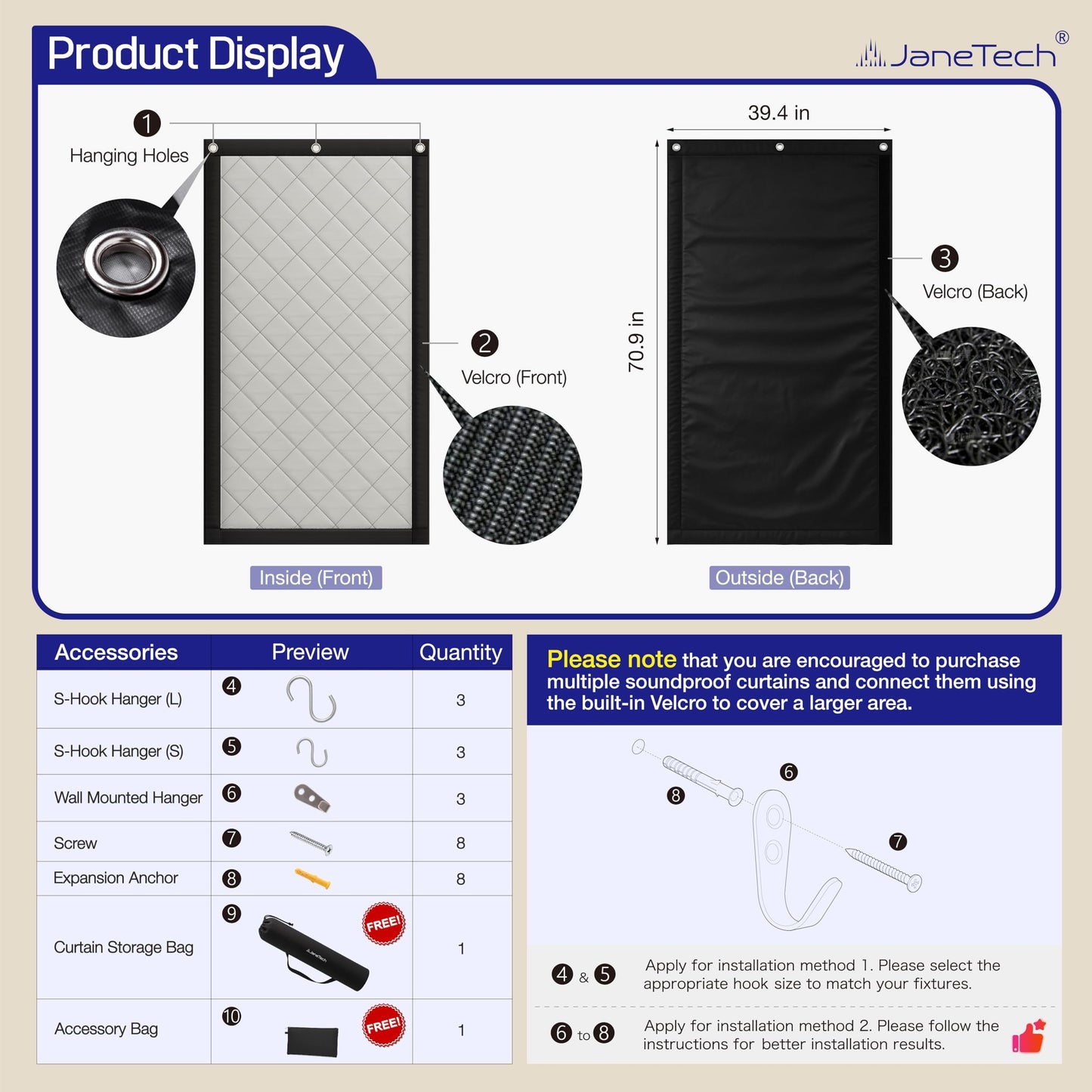 Soundproof Curtain 70" x 40" – Heavy Duty Sound Blocking & Sound Dampening Curtain with Grommets & Hooks, Multi-Layer Acoustic Curtain for Noise Reduction & Light Blocking, Black, Single Panel