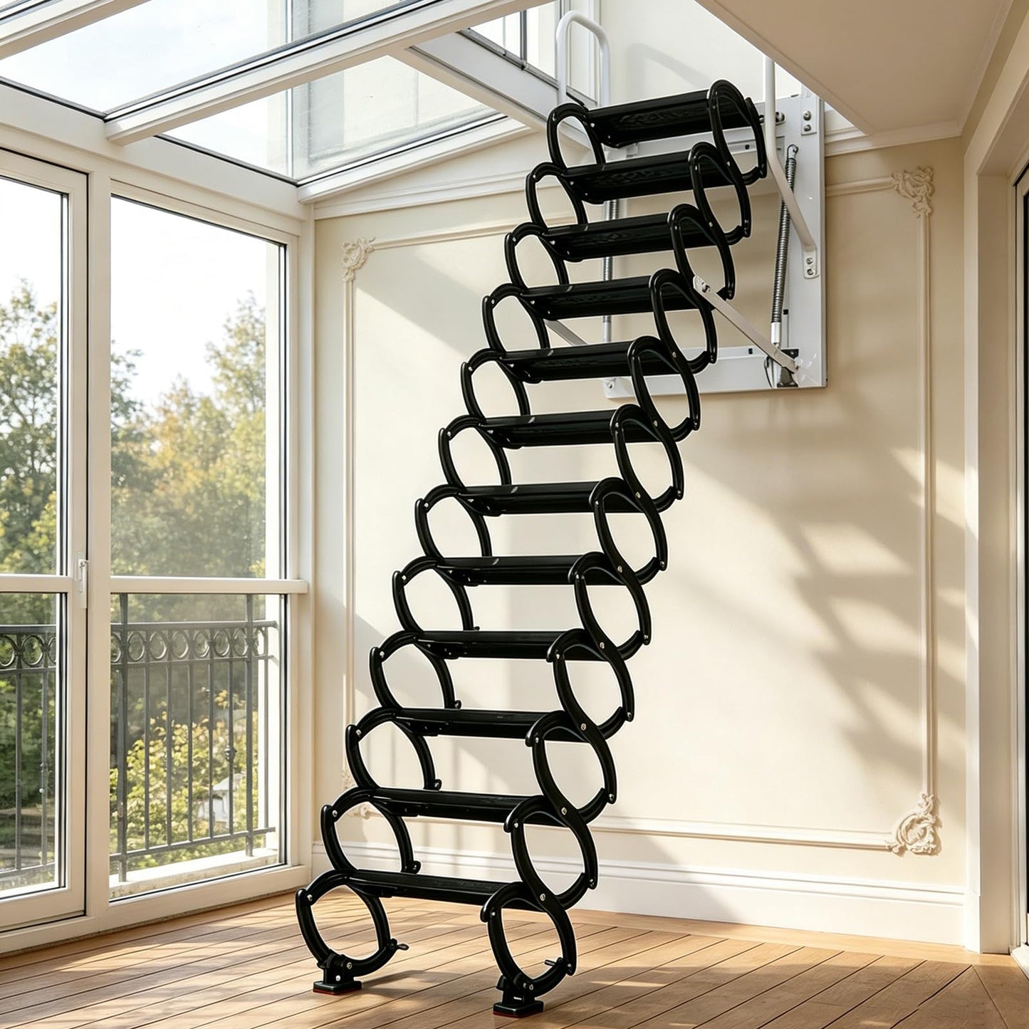 Wall-Mounted Attic Stairs, Attic Ladder Pull Down System, 12 Steps Retractable Loft Ladder, Folding Extension Attic Staircase for Garages Attics Telescoping Ladder, Roof (Black-White, 12 Steps)