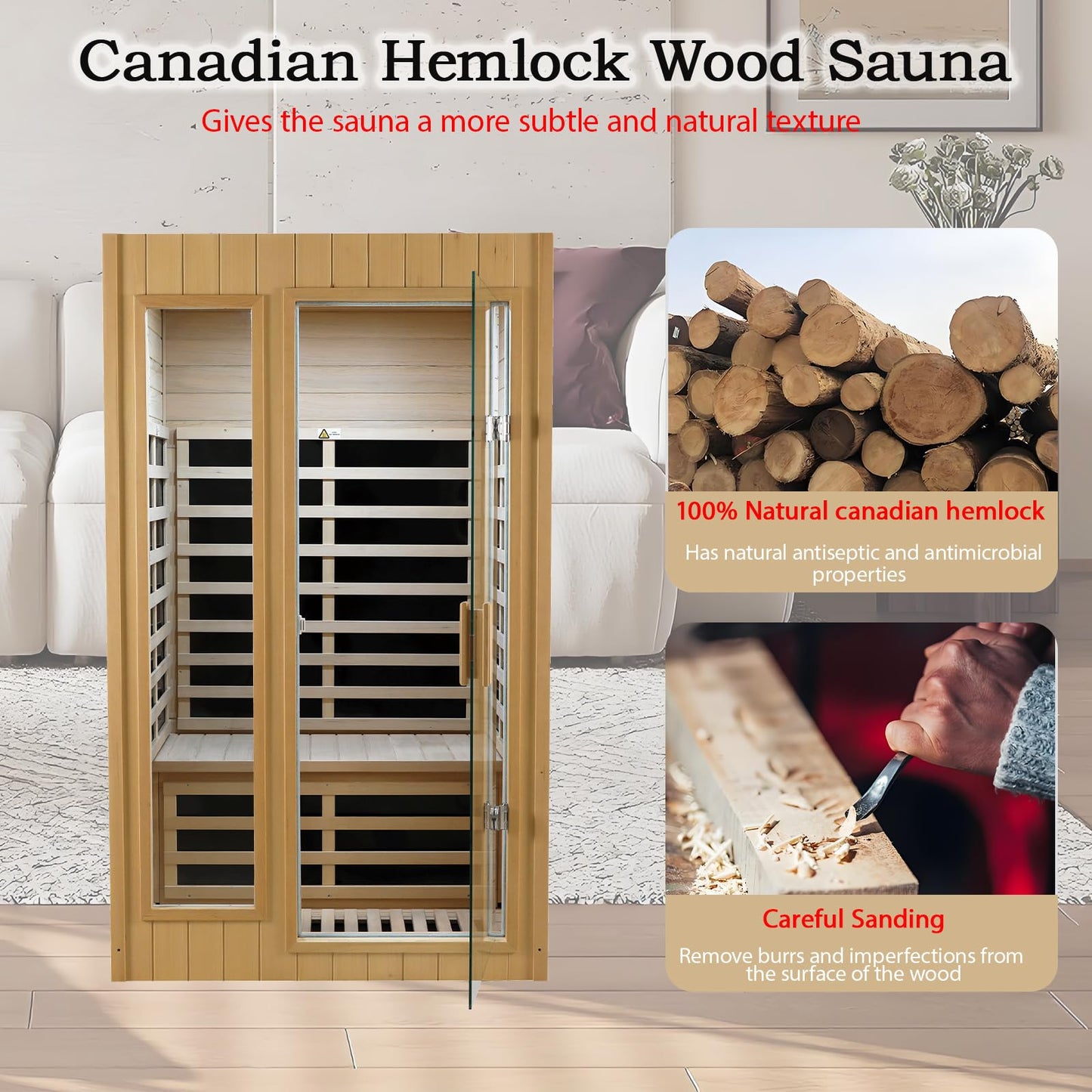 Kanlanth 2 Person Sauna with Side Glass Window, Low EMF Indoor Infrared Saunas for Home, 1500W Hemlock Wood Personal Sauna with 5 Heating Panels, Blue-Tooth, 2 LED Reading Lamps, Control Panel