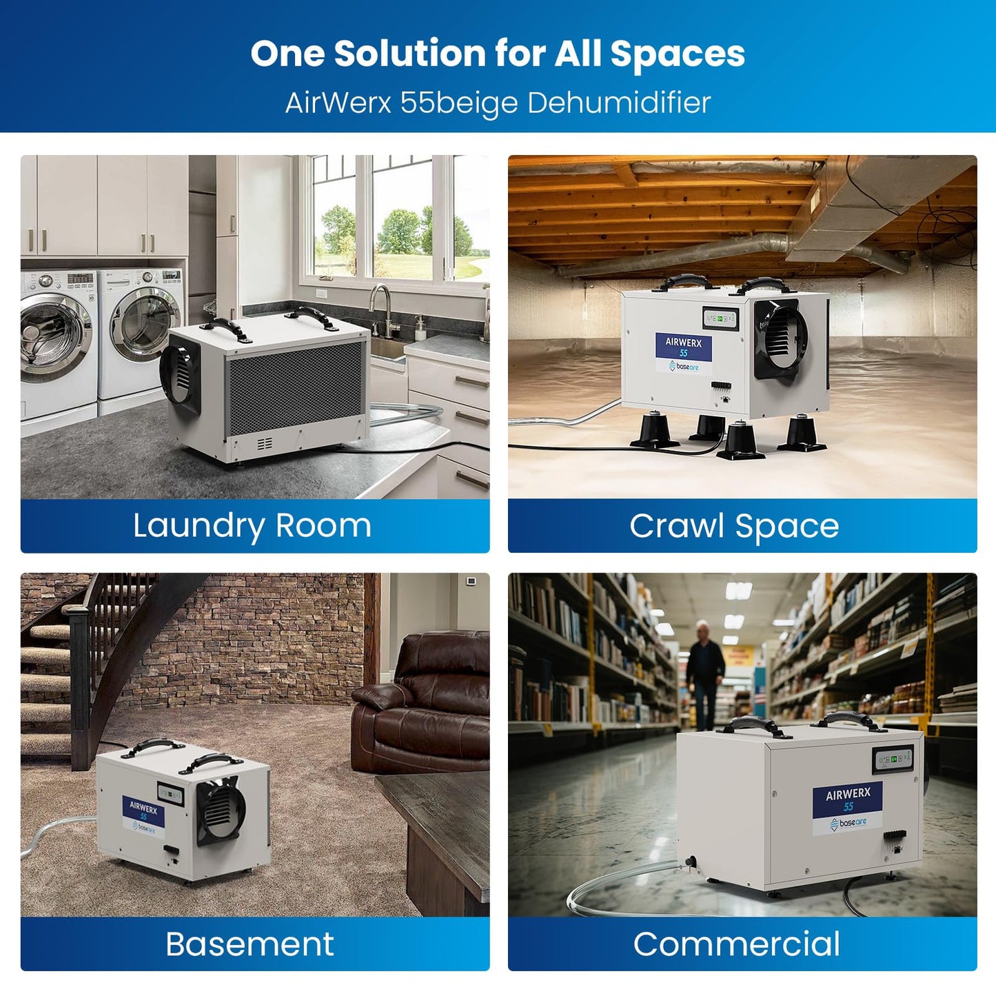 BaseAire Crawl Space Dehumidifier,113 Pint Dehumidifiers with Drain Hose for Basement, Commercial, Industrial, Portable, Auto Defrost, Memory Starting