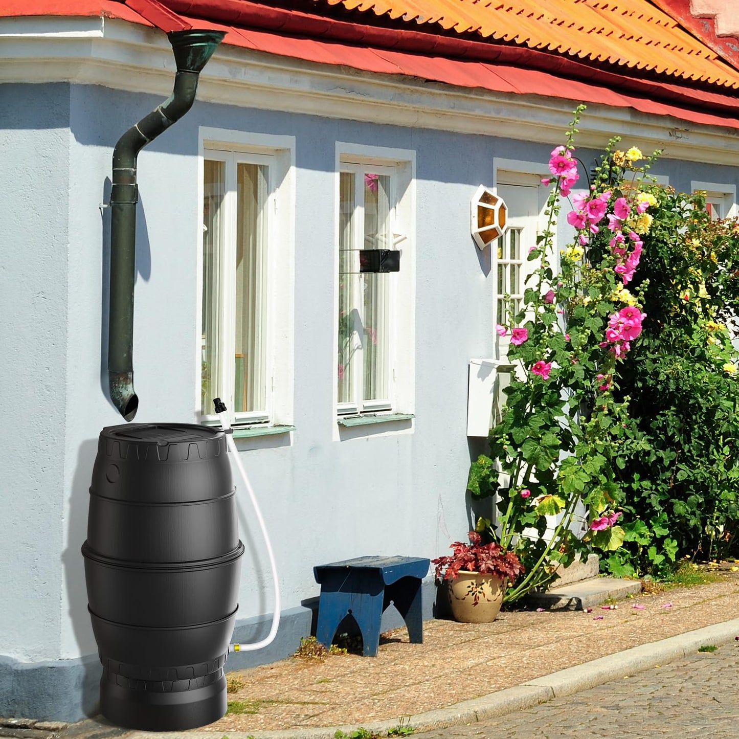 EJWOX Rain Barrel with Stand to Collect Rainwater from Gutter, Heavy Duty BPA Free Rain Water Collection Barrel with Spigot and Filter (45 Gallon, Black)