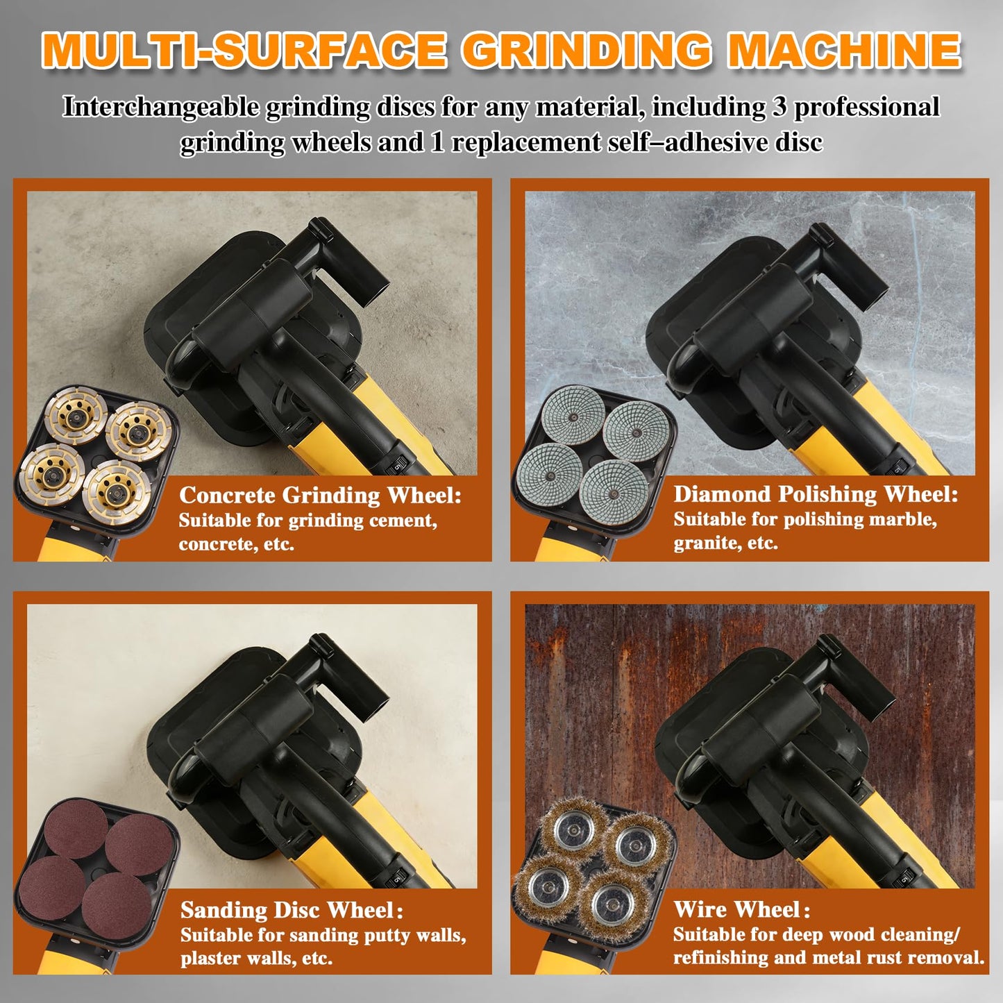 4-Head Concrete Grinder Set, 4" 3800W Concrete Floor Grinder with Long Handle, Dust Extraction Shroud & Water Pump, 6000RPM Concrete Surface Grinder Machine for Grinding Concrete Marble Granite