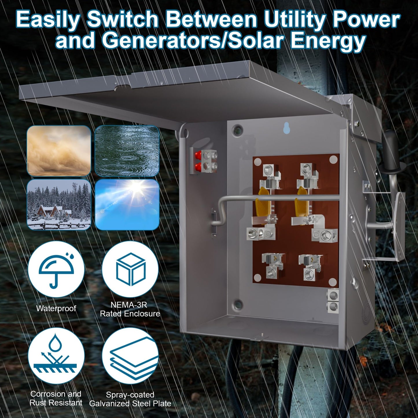 200A 2 Pole Generator Transfer Switch, 120/240V Manual Transfer Switch for Home Generator, 48000W General-Duty Double-Throw Heavy Duty Safety Switches for Indoor and Outdoor
