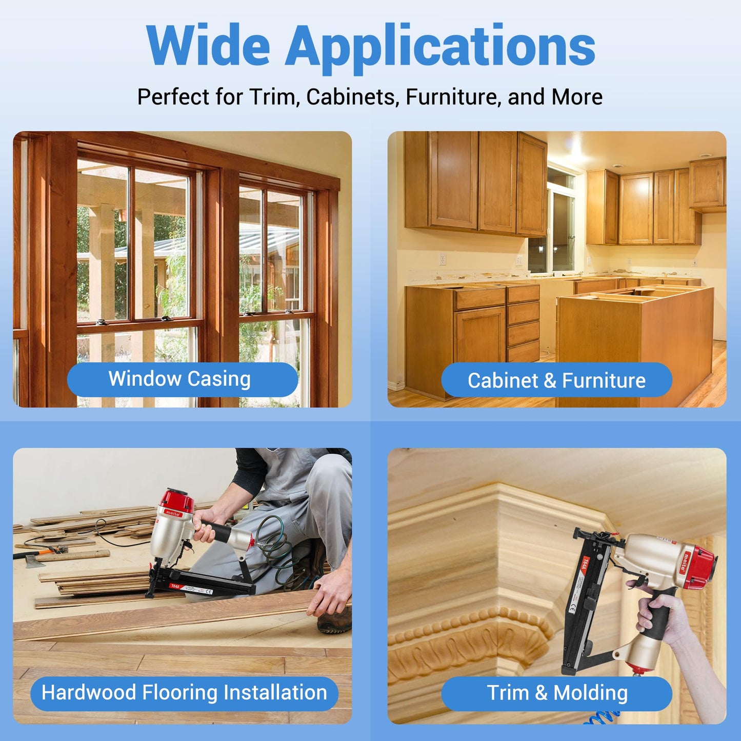 meite T64A 16 Gauge Finish Nailer with Straight Finish Nails 5 Sizes Assorted Set 2,500PCS, Pneumatic Finish Nail Gun for Baseboard Crown Molding Cabinetry