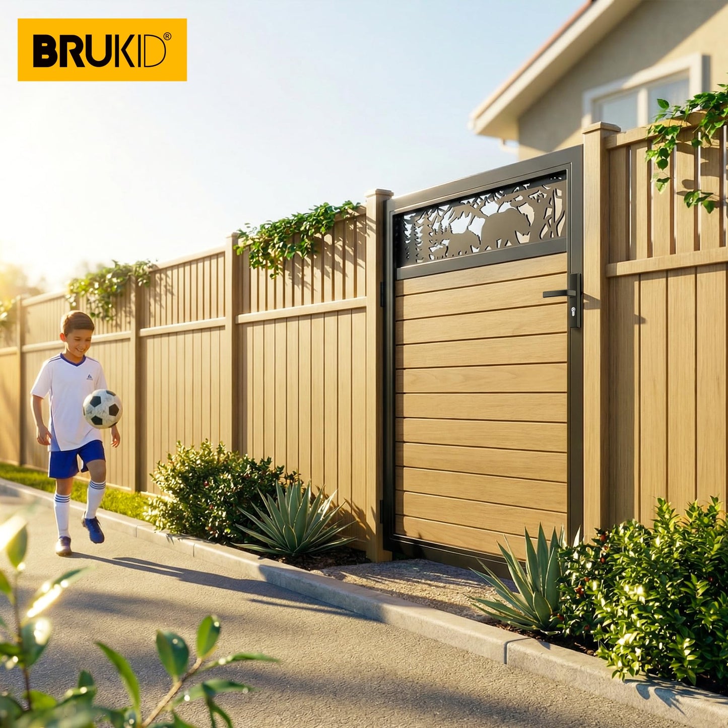 Brukid 4x5 FT Aluminum Fence Gate Kit Wood Grain Aluminum Gate with Decorative Cutout, Lock & Hinges, Left/Right Opening, Weather Resistant for Yard Garden Patio