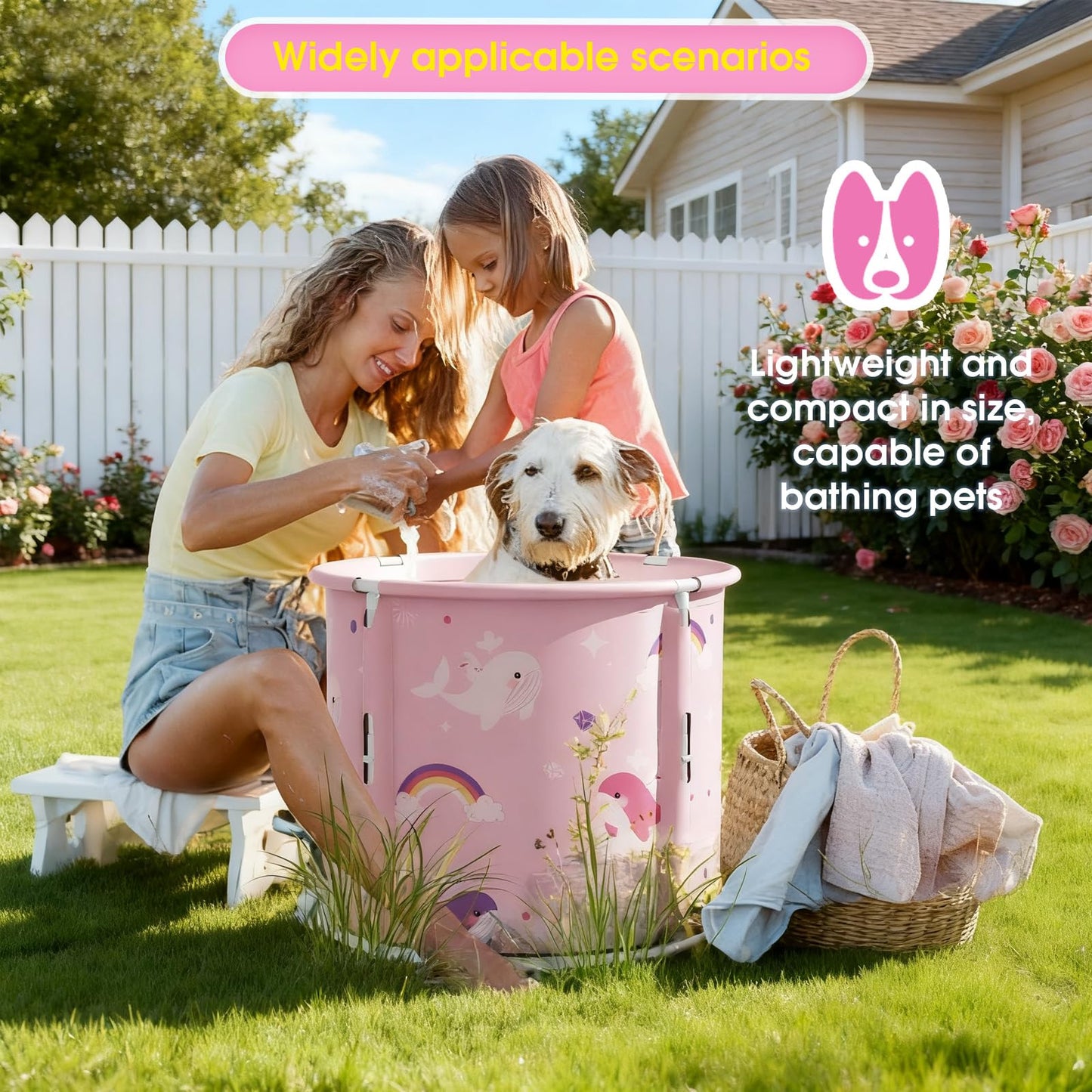 Portable Bathtub, Foldable Bathtub for Kids, Boys and Girls, Therapy Tub for Shower Stall Bathroom Fold Up Japanese Soaking Hot SPA Bath Tub, Outside Ice Bath 21.65''x23.62''(Ocean World Pink)