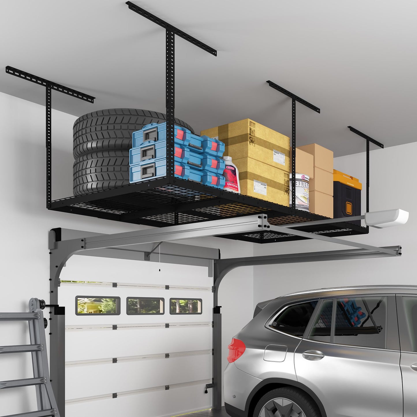 FLEXIMOUNTS 4x8 Overhead Garage Storage Rack, Adjustable Organization System, Heavy-Duty Metal Ceiling Racks, 750lbs Weight Capacity, Black, Classic Series
