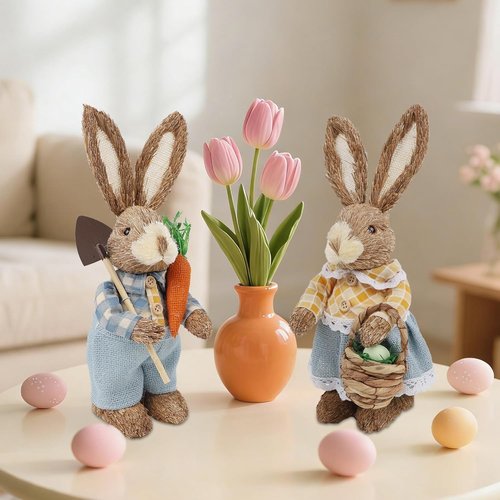 DR.DUDU Easter Bunny Figurines - Set of 2 Rustic Straw Rabbit Statues for Spring Decor | 13-Inch Tabletop Ornaments