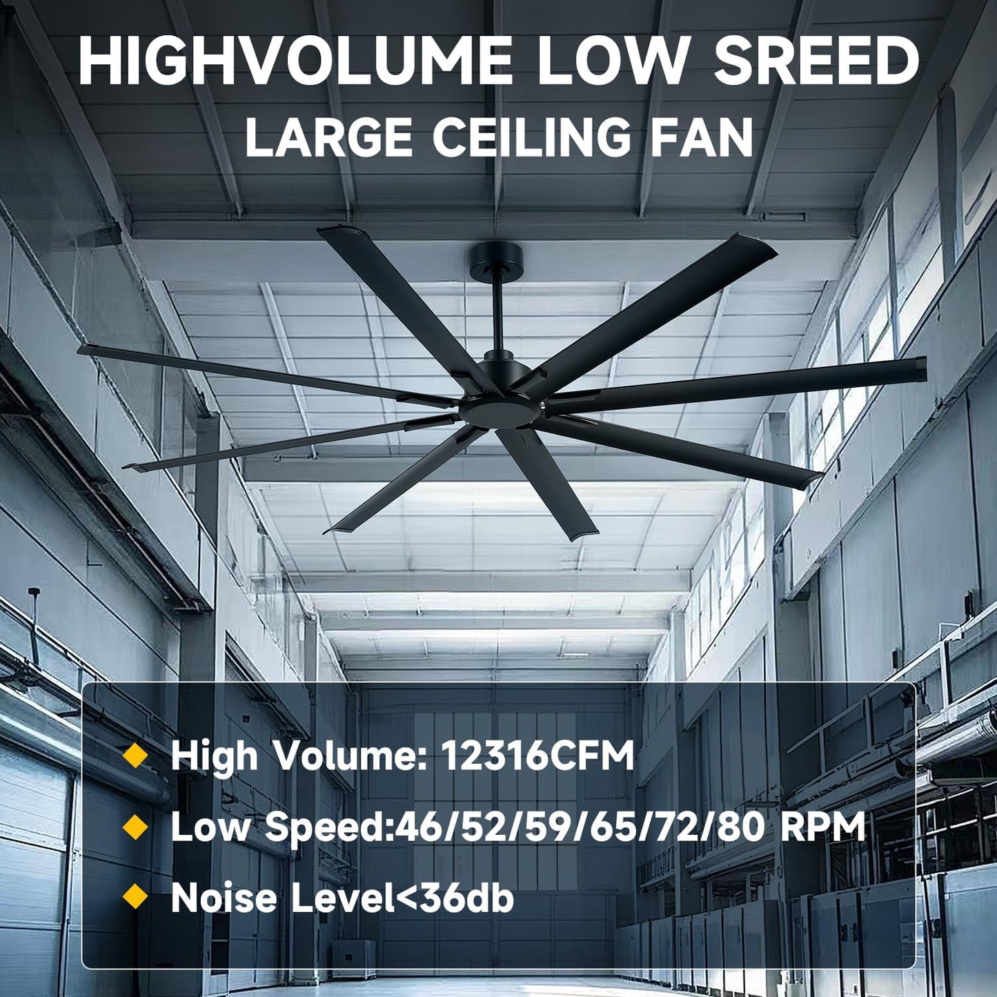 ZOEYON 96 Inch Industrial Ceiling Fan - Large Ceiling Fan with DC Motor, 3 Downrods, 6-Speed Remote Control, 8 Reversible Aluminum Blades, Black Commercial Ceiling Fans for Shop/Gym/Warehouse/Garage