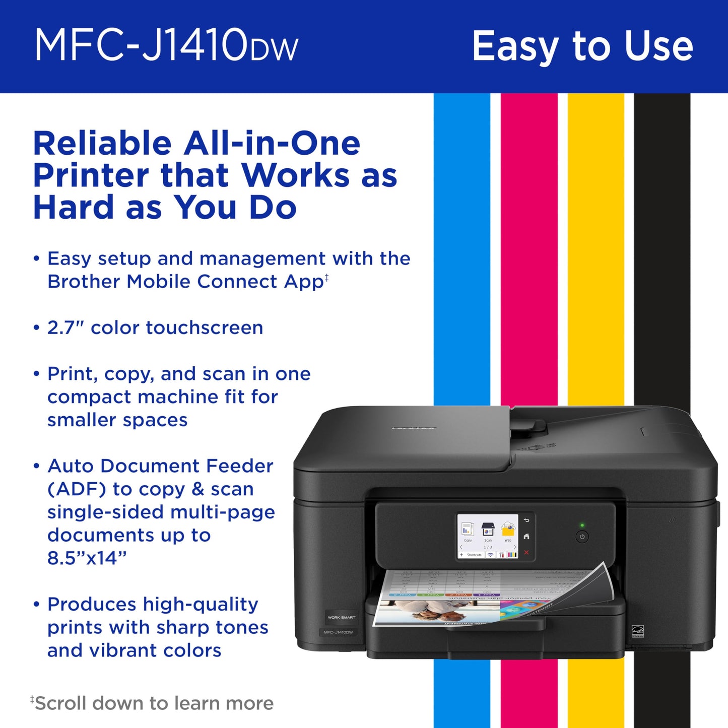 Brother Work Smart 1410 Wireless Color Inkjet All-in-One Printer with 2.7” Touchscreen and Automatic Duplex Printing | Includes Refresh Subscription Trial(1) (MFC-J1410DW)