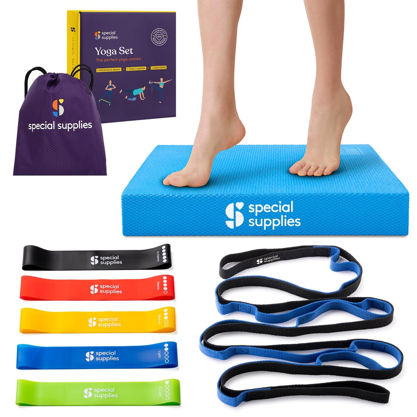 SPECIAL SUPPLIES Balance Board and Yoga Strap Set with Exercise Bands for Stretching, Stability Training, Fitness, Flexibility, Physical Therapy, Home Workout Equipment, Strength Training, and Pilates