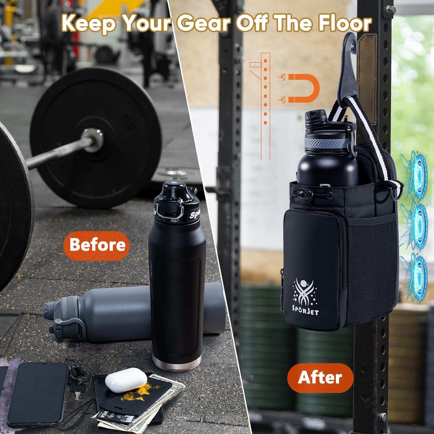 SPORJET Magnetic Gym Bag for Water Bottle – Fits Up to 46oz, Sling Water Bottle Holder with Strap & Phone Pocket, Magnetic Workout Bag for Gym, Fitness, Outdoor, Men & Women