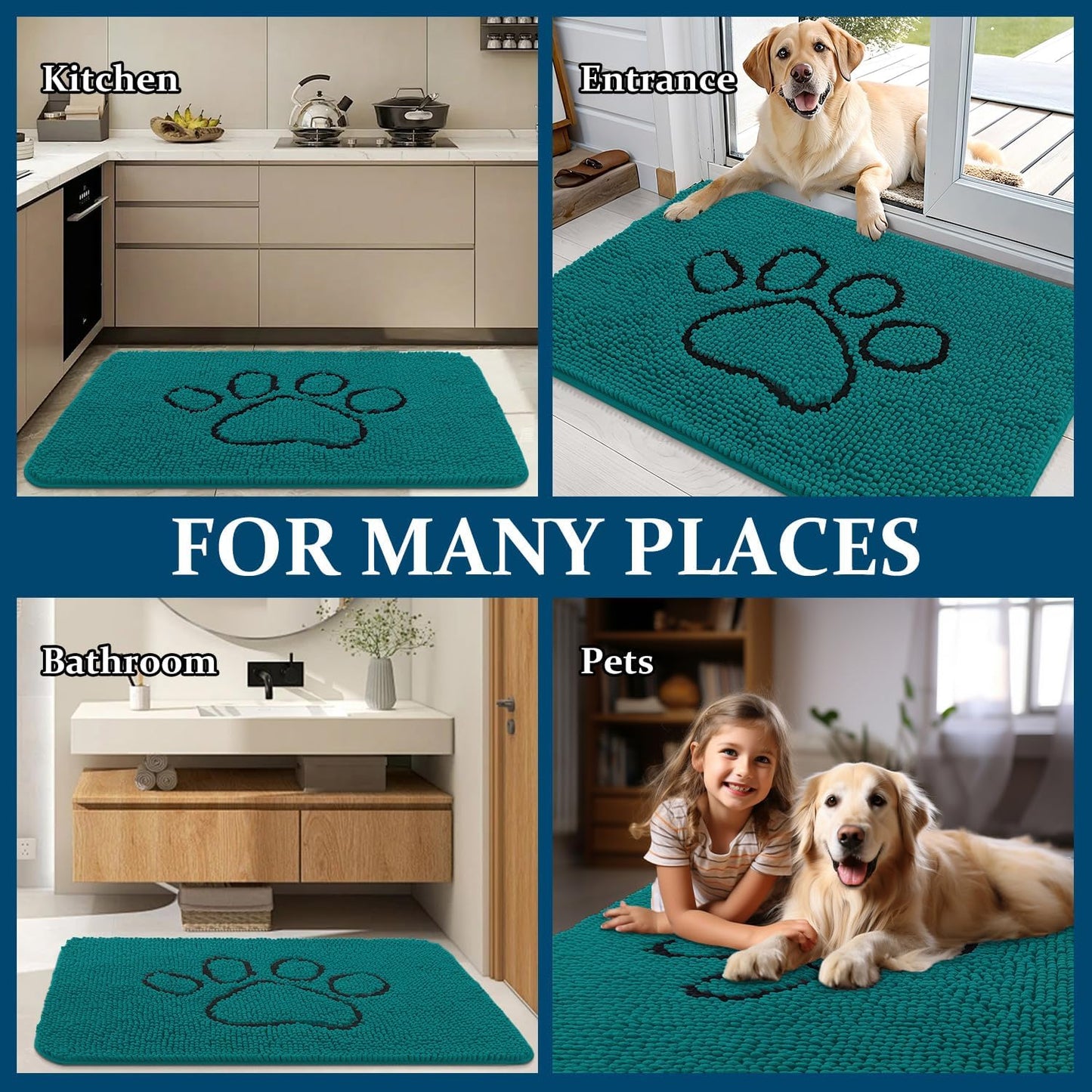 OLANLY Dog Door Mat - Absorbent Non-Slip Mud Mat for Muddy Paws | 30x20 Inches, Lake Blue Design