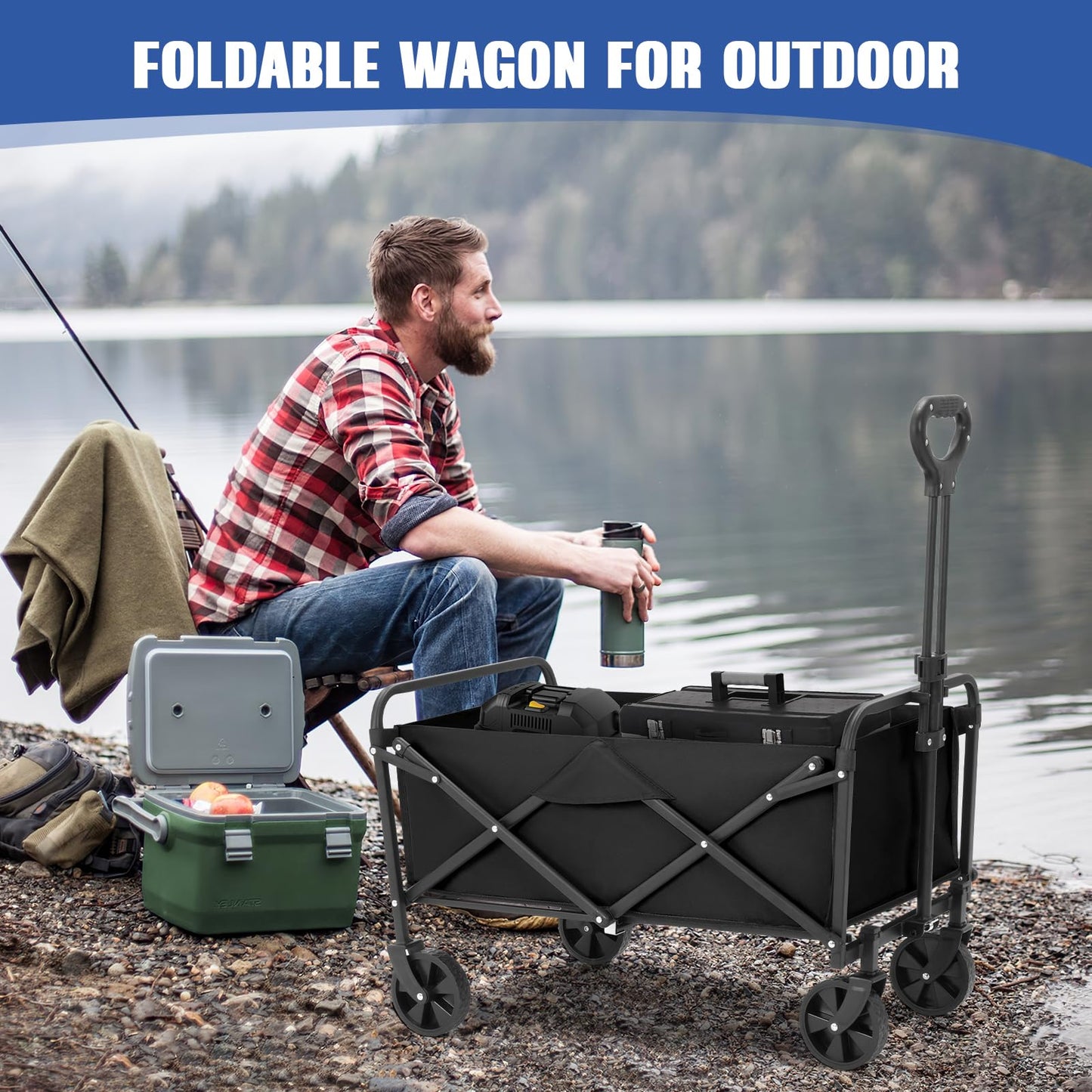 EVLIQUIL Collapsible Foldable Wagon,Wagons Carts Foldable with Wheels,Utility Grocery Folding Beach Wagon for Sand Garden Sports Shopping Outdoor.
