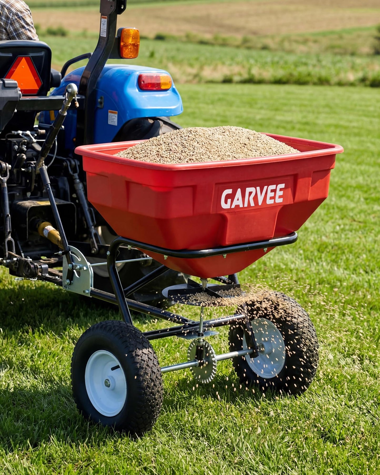 125 LBS Heavy Duty Tow Behind Broadcast Spreader, Adjustable Flow with 30 Settings, 9.8ft Spreading Width, Universal Hook for UTV/ATV/Tractor, Padded Control & Tool Pouch, Compatible with Fertilizer/G