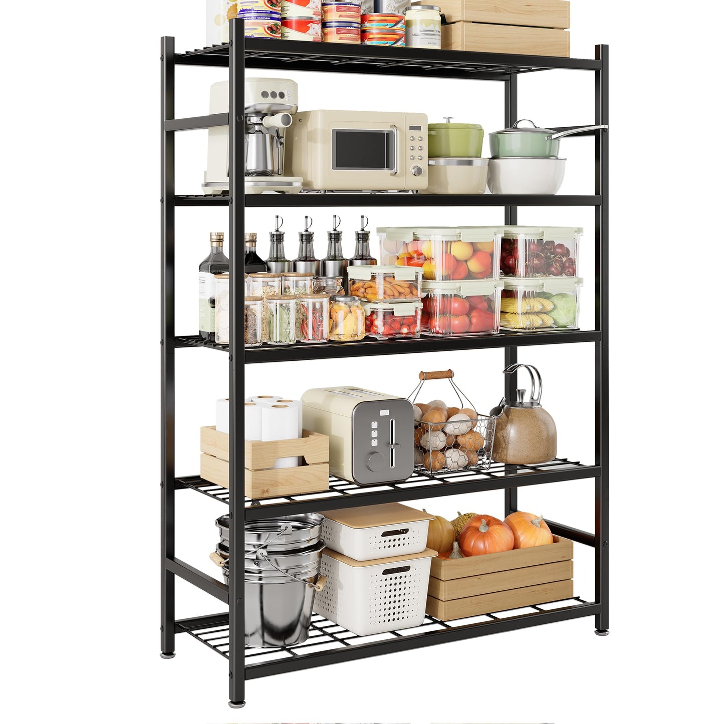 Tujurich 36.4" W Storage Shelves, 5-Tier Metal Shelving Unit with Adjustable Feet, Shelf Organizer for Garage, Kitchen, Pantry and Closet Organization, 36.4" x 11.8" x 68.3", Black