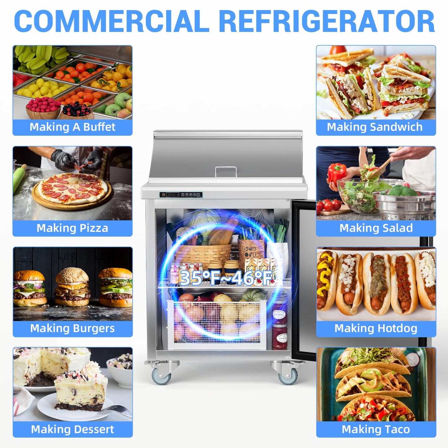 GarveeHome Commercial Refrigerator, 28" Undercounter Worktop Refrigerator,7.4 cu. ft W Single Door Thick Stainless Steel Refrigerator Sandwich Salad Prep Station Cooling with Cutting Board and 8 Pans
