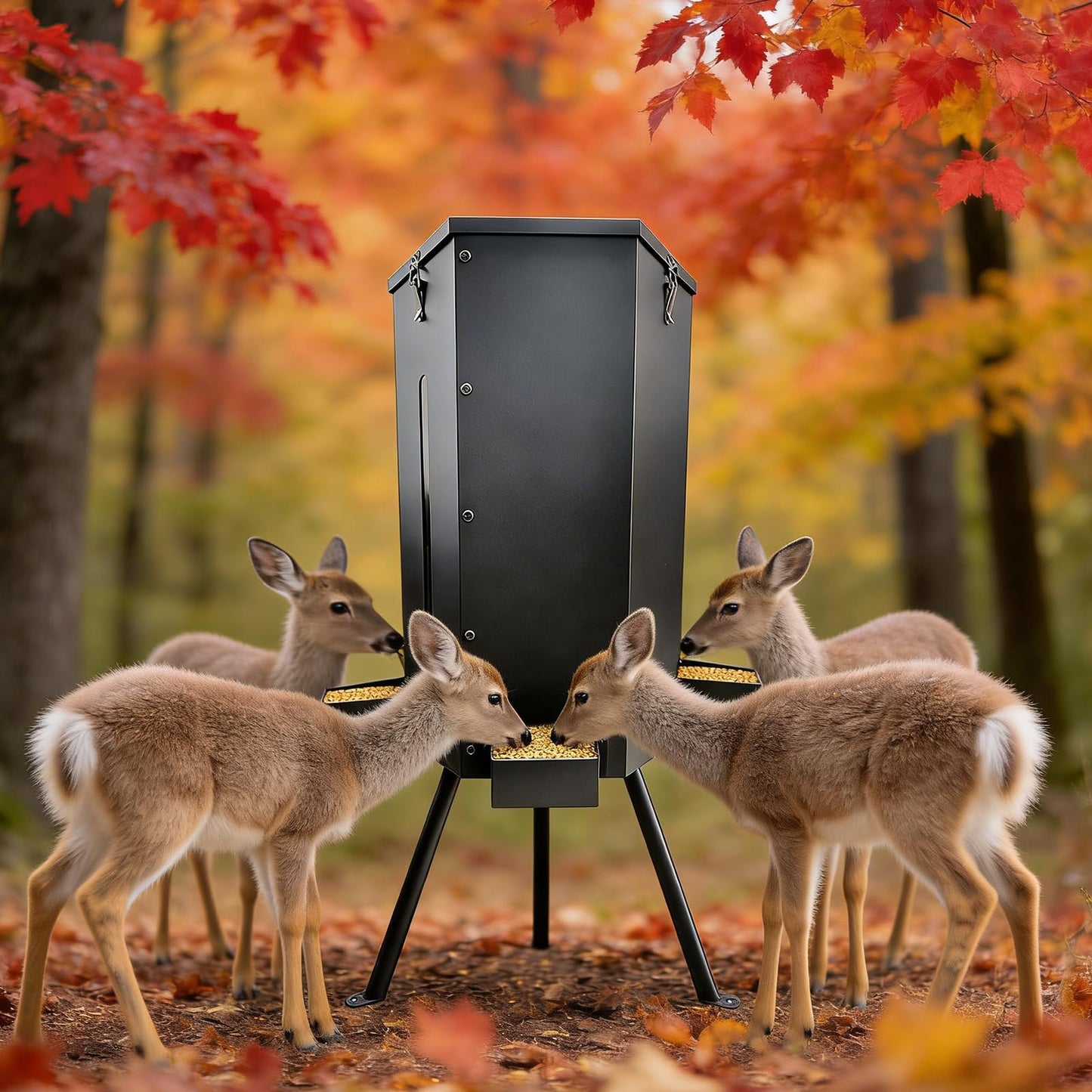NULTRUMA 80 lbs Galvanized Steel Gravity Deer Feeder | Weatherproof & Anti-Rust Wildlife Game Feeder with 3 Feeding Trays & 3-Leg Stand | Automatic Corn Dispenser for Deer, Goats, Horses