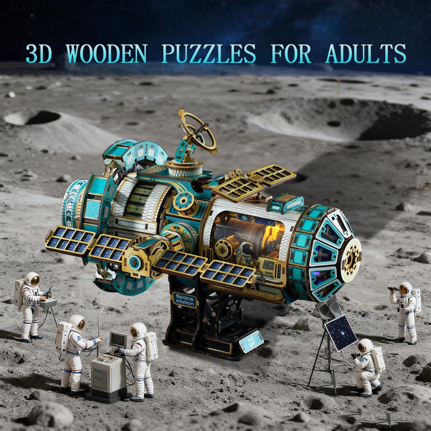 3D Wooden Puzzles for Adults - Space Station Mechanical Model Kit with Lights & Music, 511PCS Adult Wooden Puzzles, DIY Building Toy for Teen & Adults, Miniature House Kit for Birthday