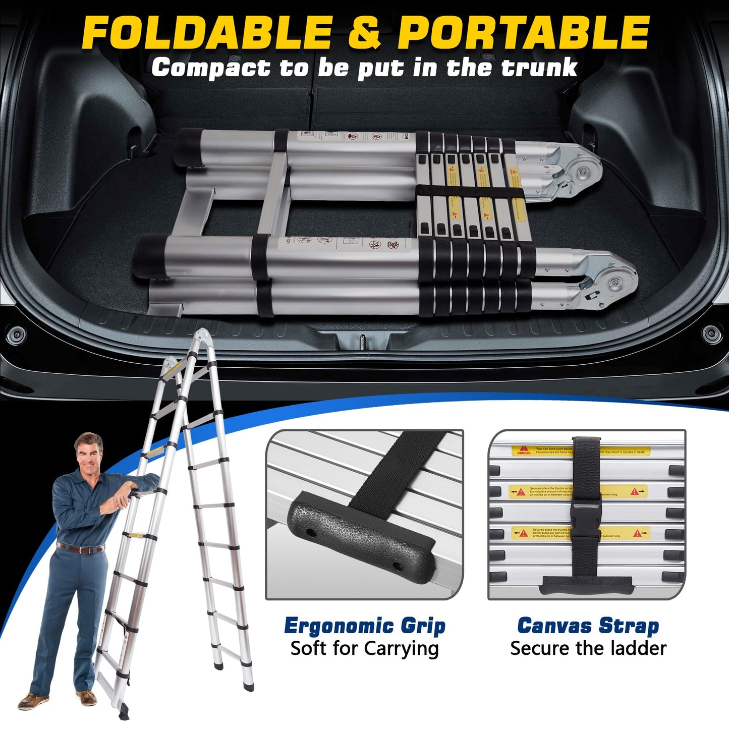 14.44 FT A Frame Telescoping Ladder Adjustable Multi-Purpose Collapsible Extension Ladder,Heavy Duty 330 lbs Max Capacity, Ideal for Home and Outdoor Work(2.2m+2.2m/14.44FT-A Frame)