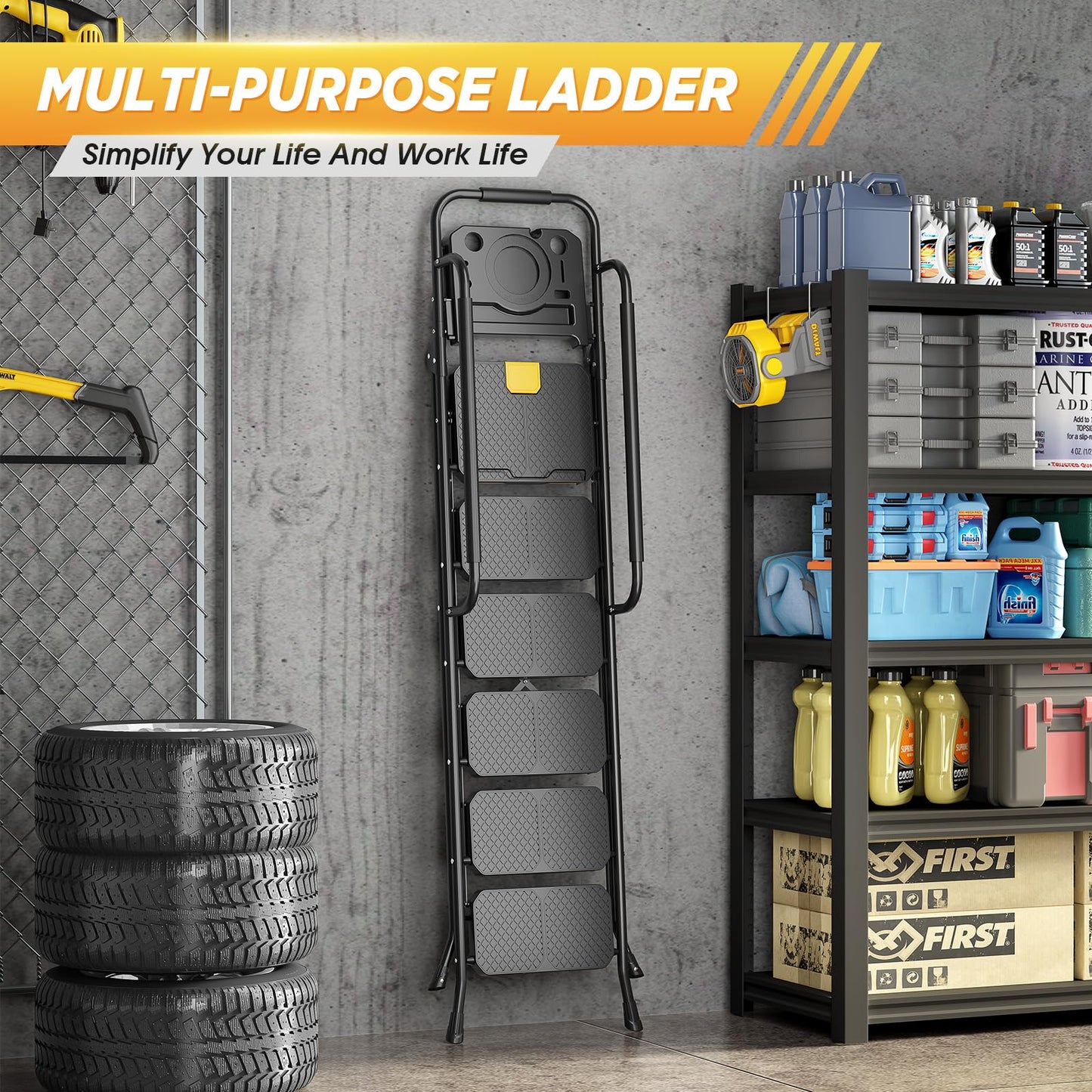 KINGRACK Step Ladder, Sturdy Steel Step Stool with Anti-Slip Wide Pedals, Handrail, Safe-Lock Design, 800lbs Folding Portable Ladder for Multi-Purpose, Home, Kitchen (6-Step with Tool Platform)