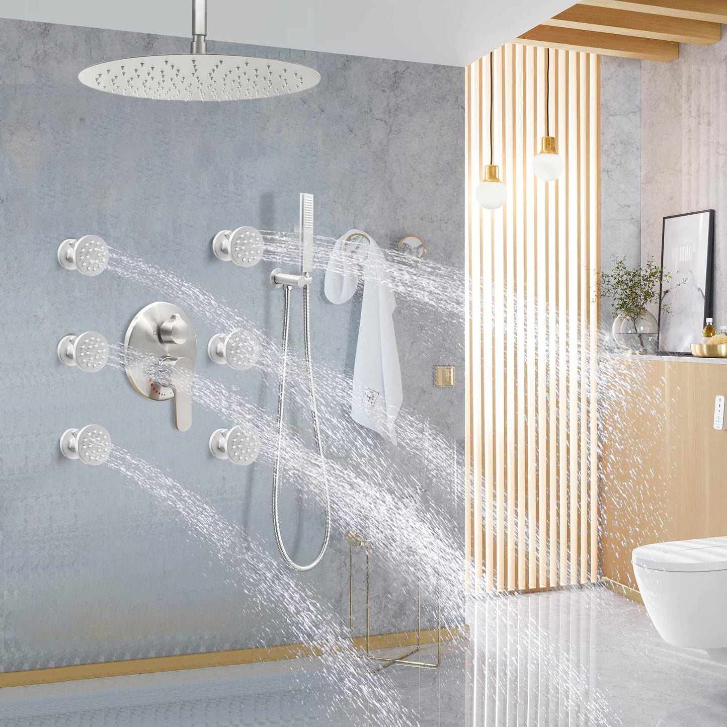 (Upgrade) Backnets Solid Brass Shower Body Spray with On Off Round Massage body jets Wall Mount Spa Jet Shower Heads, 2 inch Shower Body Sprayers Brushed Nickel, Rotating Shower Jet Water Flow Control