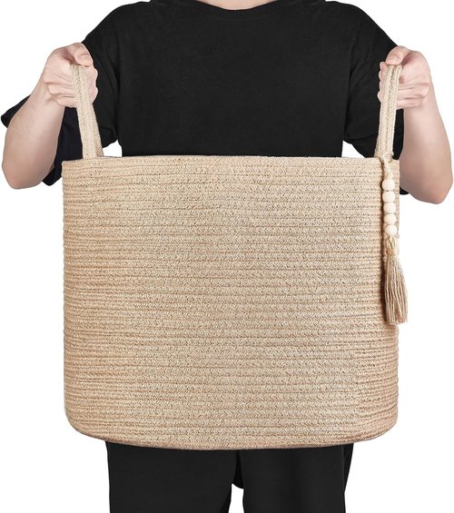 Mkono Woven Storage Basket - Natural Rope Organizer with Wooden Bead Decor | 16" W × 13.8" L for Blankets, Toys, and More
