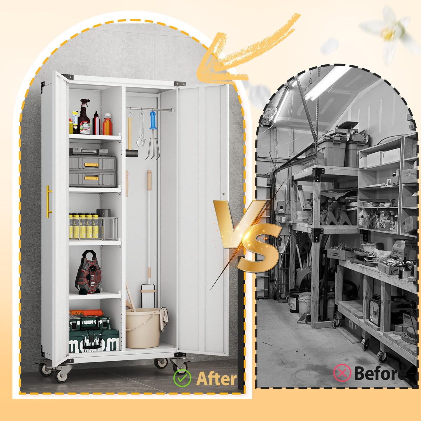 pozdeg Broom Closet Garage Storage Cabinet with Wheels, 71" Metal Cleaning Cabinets with Hooks and Hanging Rods, Tall Freestanding Lockable Tool Utility Cabinet for Home, Office (White)