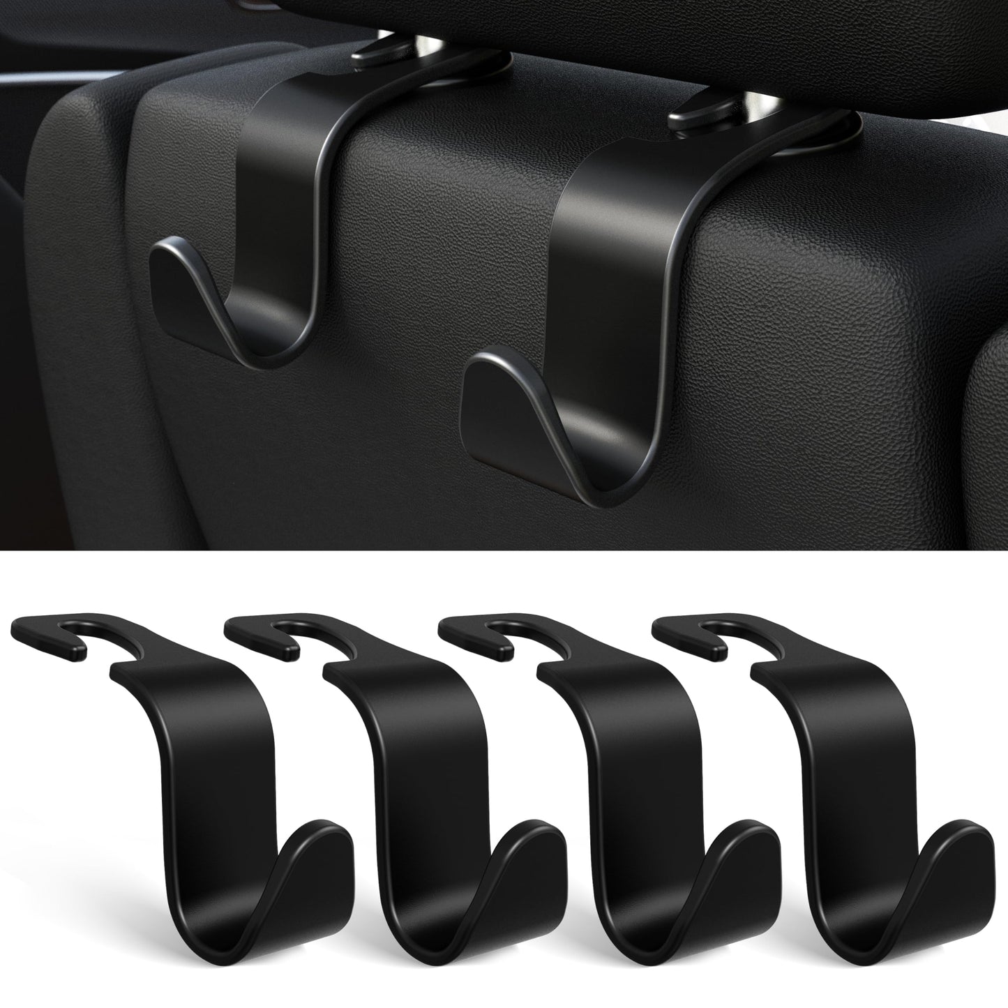 Amooca 4-Pack Car Headrest Hooks Vehicle Storage Organizer for Purses Handbags Groceries Backpack Coats –Holds 55lbs 360° Rotating Black