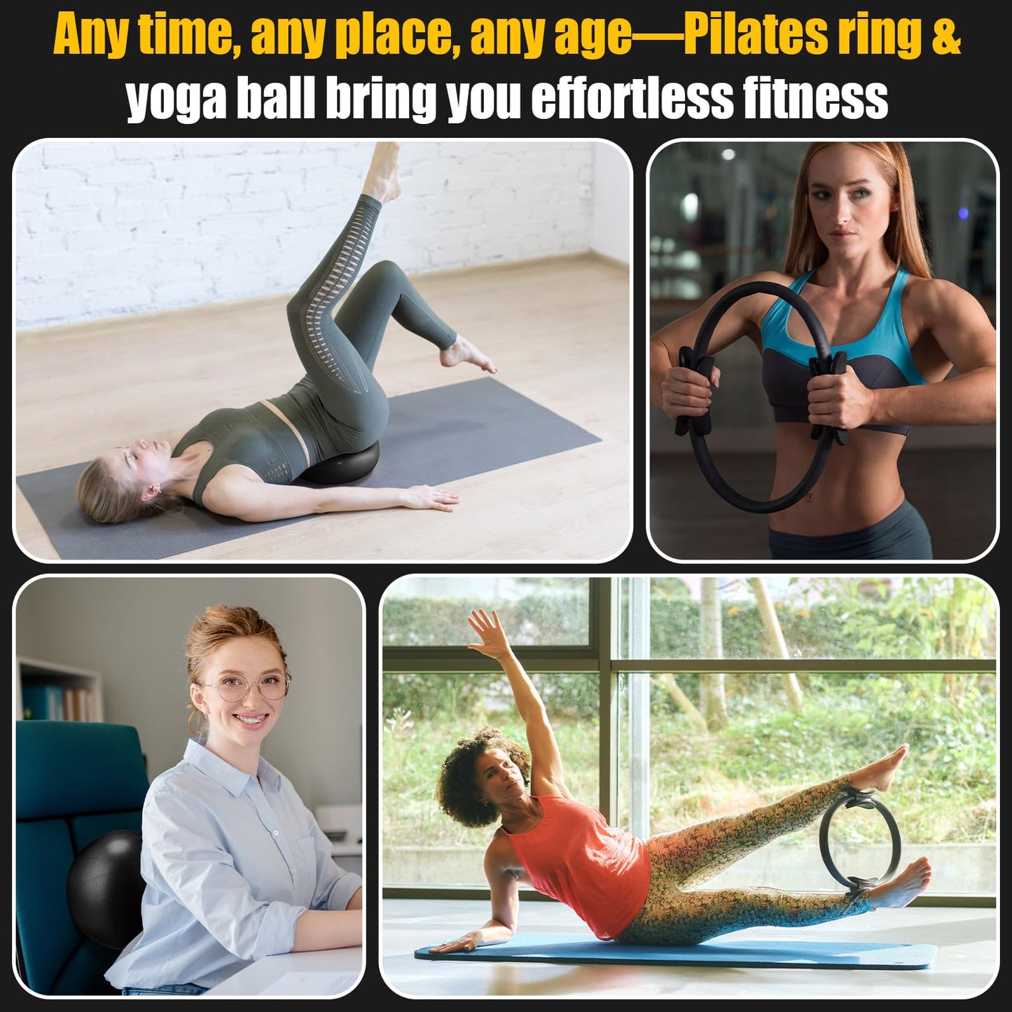 Silipull 18 Pcs Pilates Ring and Ball Set Pilates Equipment for Home Workout 11.8 Inch Magic Circle Rings with Padded Handles, Small Yoga Balls for Strength, Fitness, Toning and Flexibility, Black