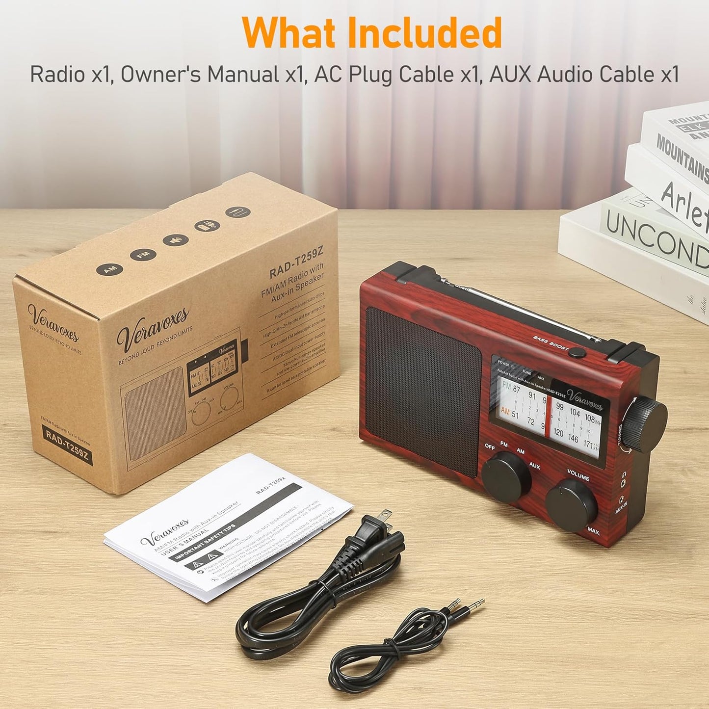 Veravoxes Portable AM/FM Radio with Bass Control, Equipped with a Built-in high-Power Speaker, Headphone Jack, and AUX
