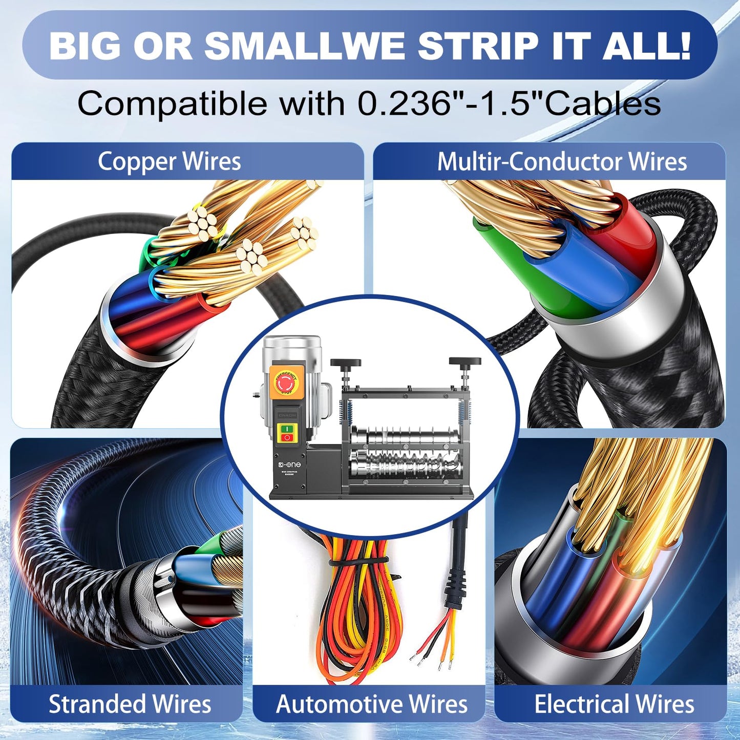 Wire Stripper Machine, Electrical Wire Stripping Machine, Wire Strippers Electrical for 0.06"-1.5" Copper Wire, 11 Channels 10 Blades,370W High-Speed Electric Wire Stripper (80 ft/min)-Grey