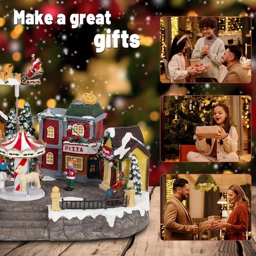 Animated Christmas Village Scene - Santa Sleigh, LED Lights & Rotating Carousel | Musical Holiday Town Square Display