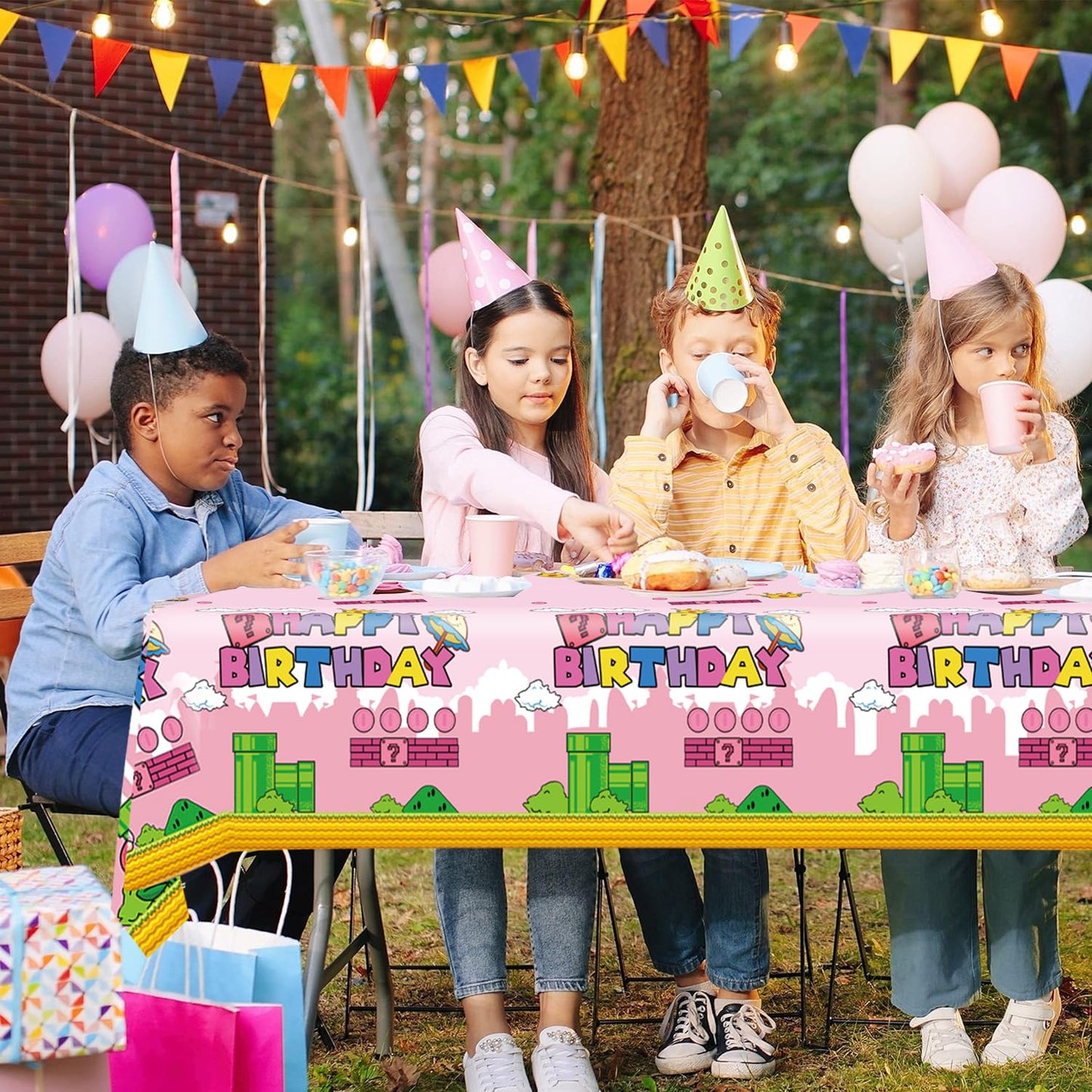 USERTEN 2Pcs Super Brothers Adventure Party Tablecloths 108 x 54 inches Video Game Theme Plastic Table Cloth Fits for Princess Peach Girl Birthday Party Decoration Pink Disposable Tablecover Supplies
