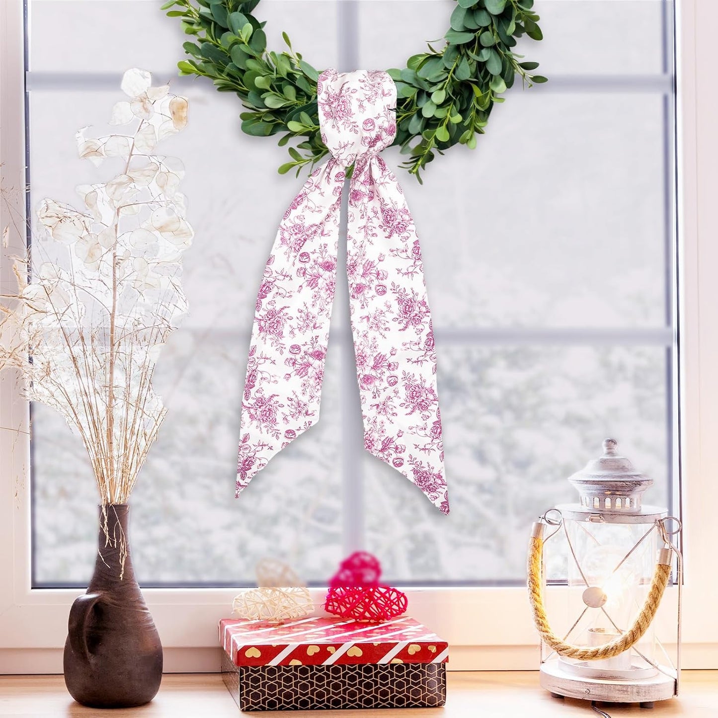 Whaline Pink Flower Wreath Sash - Chinoiserie Floral Garland Ribbon for Holiday Home Decor | 2 Pcs
