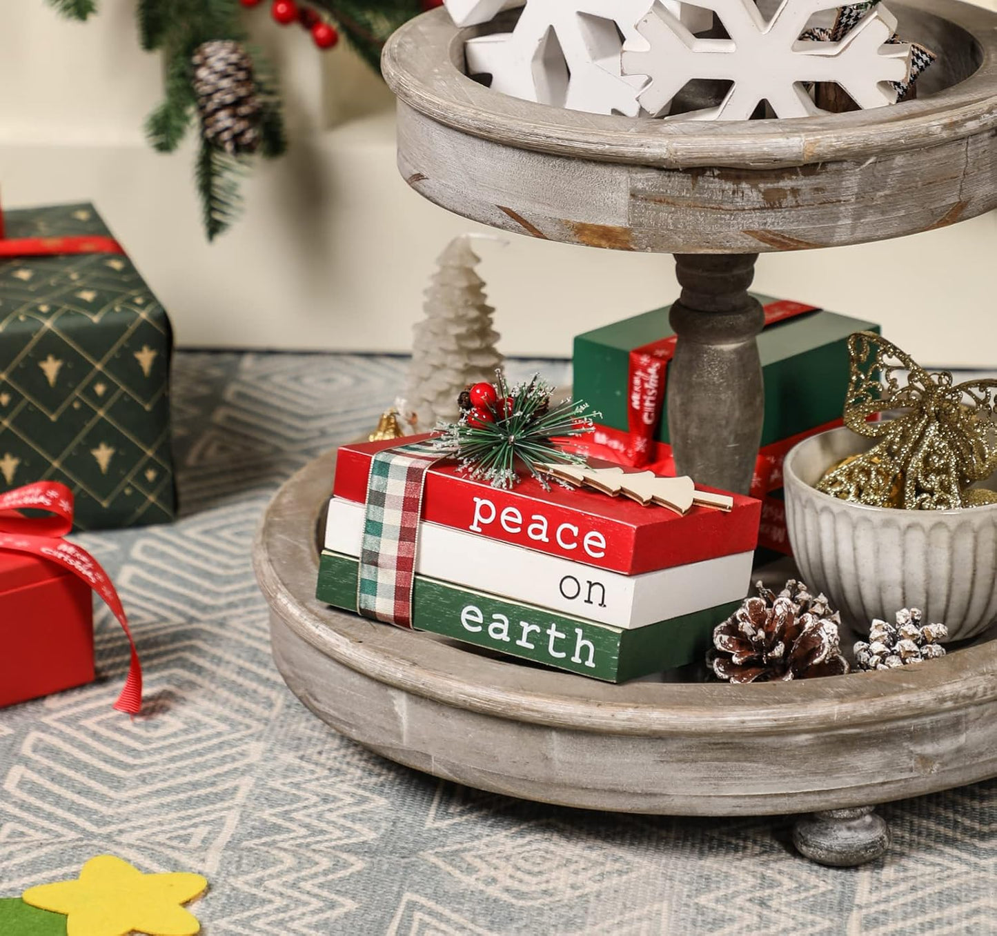 Regine Switzerland Christmas Wood Book Stack - Mini Faux Decorative Books with Pine Berry | Farmhouse Tiered Tray Decor