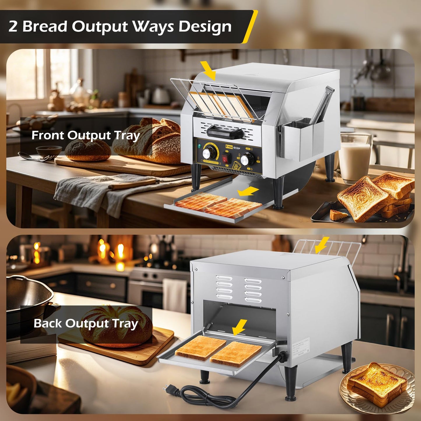 Dyna-Living Commercial Conveyor Toaster 300 Slices/Hour, Electric Conveyor Belt Toaster for Restaurant, 1900W Heavy Duty Stainless Steel Conveyor Toasters for Bun Bagel Bread
