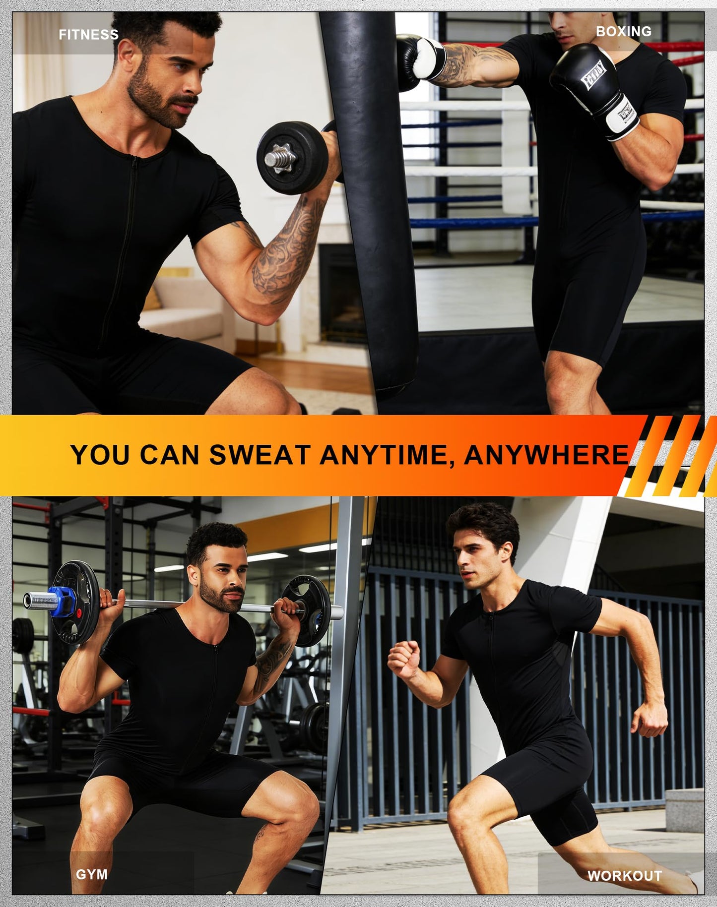 BXVX Sauna Suit for Men Full Body 4 in 1 Slimming Waist Trainer Sweat Veat Shirt Shorts Jumpsuit for Working Out S
