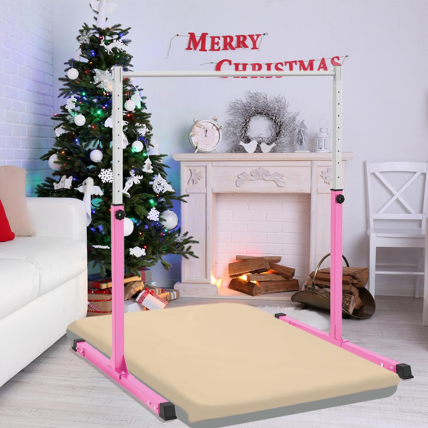 Jivifao Gymnastics Bar with Self-Inflating Mat, 3' to 5' Adjustable Height, Gymnastic Kip Bar Horizontal Bar for Kids Ages 3-15, Anti-Slip and Easy to Assemble, Home Gym Equipment Indoor