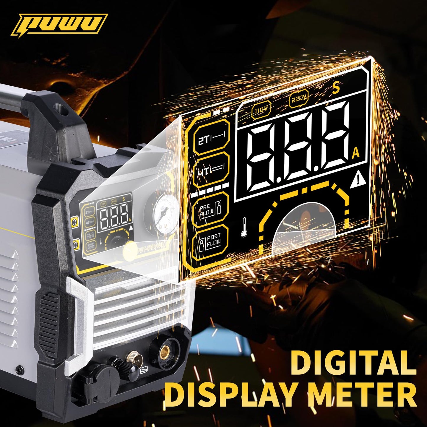 PUWU Plasma Cutter 55Amp High Frequency Non-Touch Pilot Arc,Digital Display IGBT Inverter 110/220V Dual Voltage Blowback Plasma Cutting Machine,2T/4T,5/8” Clean Cutting Thickness,PA/PT Adjustable