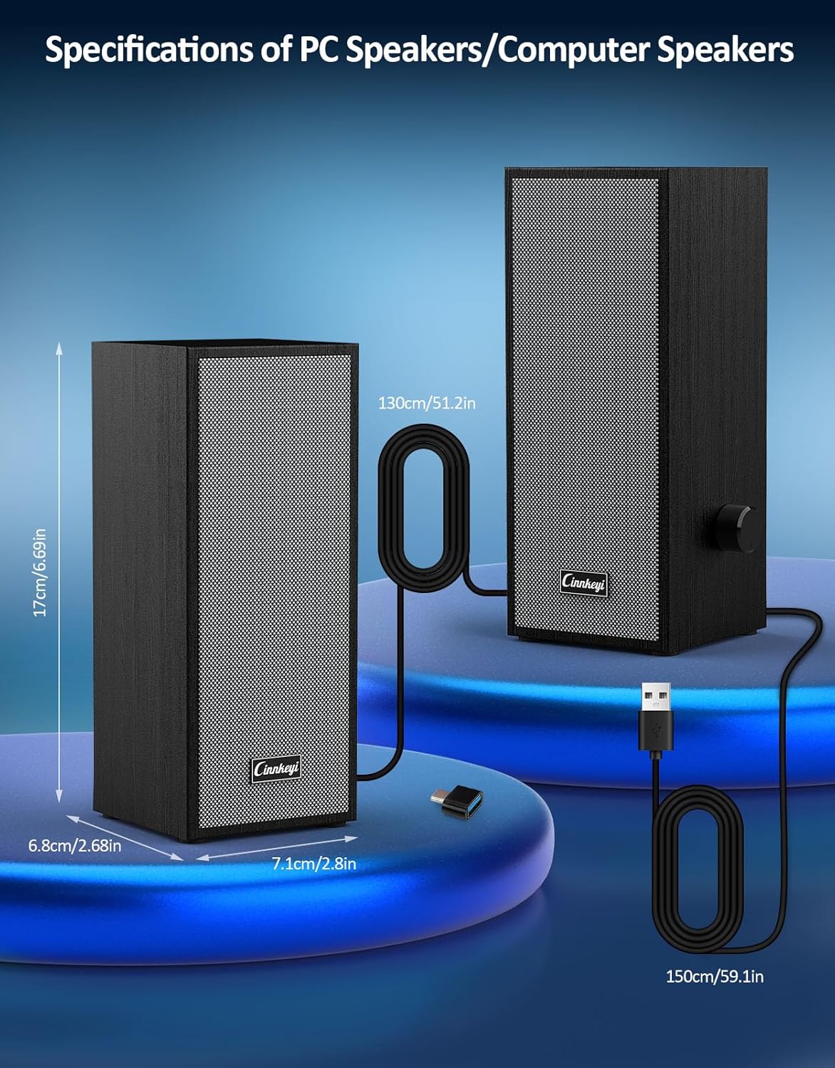 cinnkeyi 2.0, Small Computer Speakers USB/USB-C PC Speakers for Desktop Laptop, Bluetooth Stereo USB Speakers Compact