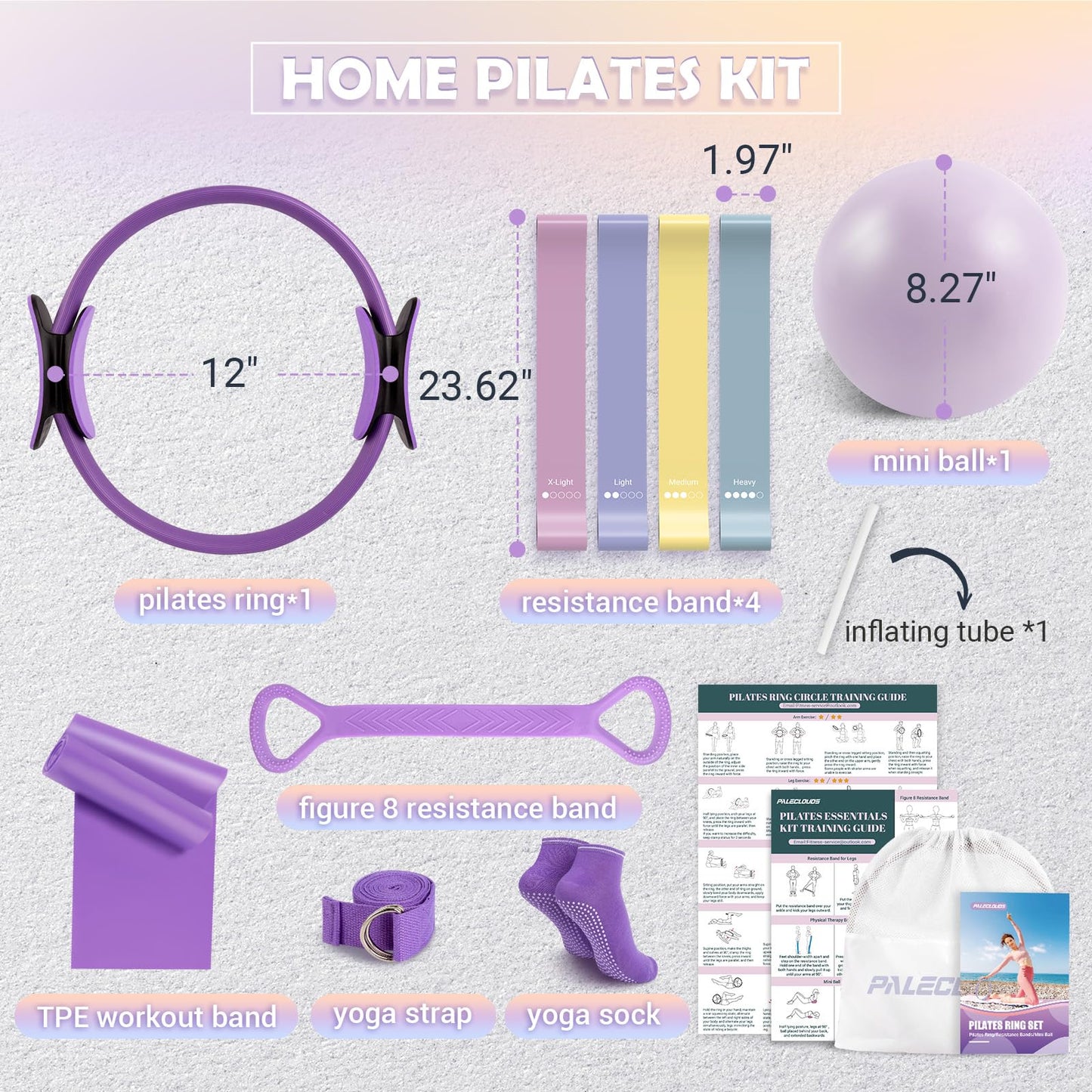 Paleclouds Pilates Ring Set for Women, 12" Pilates Ring and Ball Set with Resistance Bands for Home Workouts, Portable Pilates Kit with Bag & 2 Training Poster for Full Body Exercise(Purple)