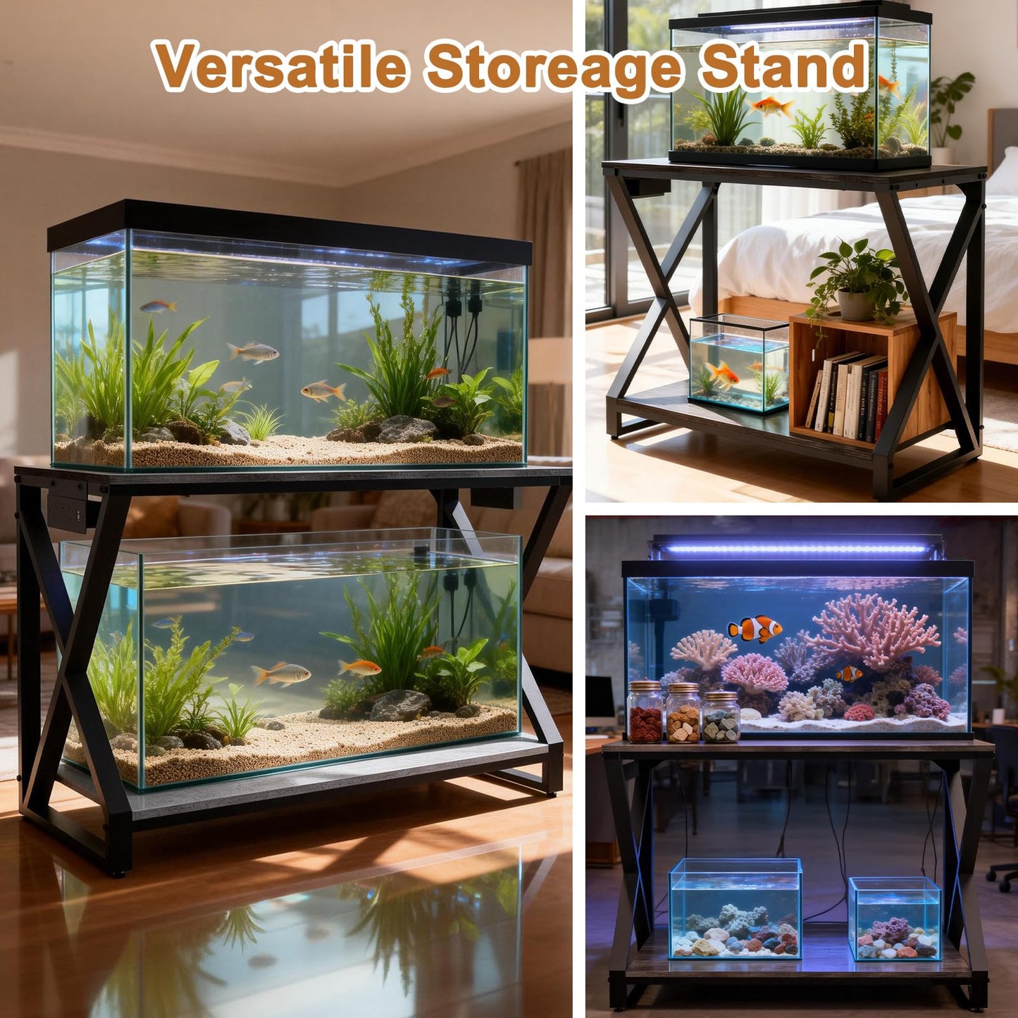 fishkeeper Heavy Duty Metal 50 Gallon Aquarium Stand with Charging Station, 2-Tier Storage Shelves with USB Ports and Outlets, 720LBS High Load Capacity Fish Tank Stand for Reptile/Turtle/Breeder Tank Stand