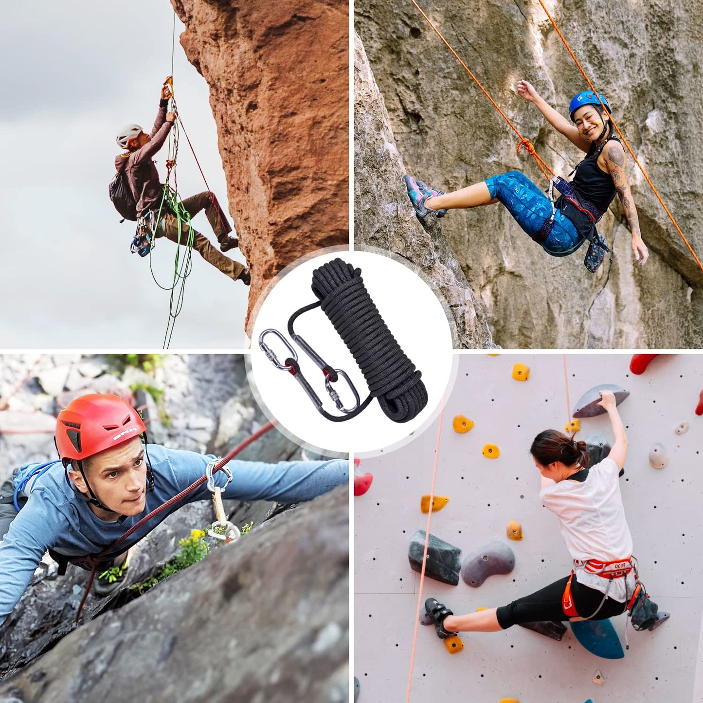 LZ.MZXU Climbing Rope, 12mm Static Climbing Ropes, 32FT(10M) 65FT(20M) 100FT(30M) 164FT(50M) Outdoor Rock Climbing Rope with Hook, Safety Rappelling Ropes, Fire Rescue Parachute(Black, 164FT)