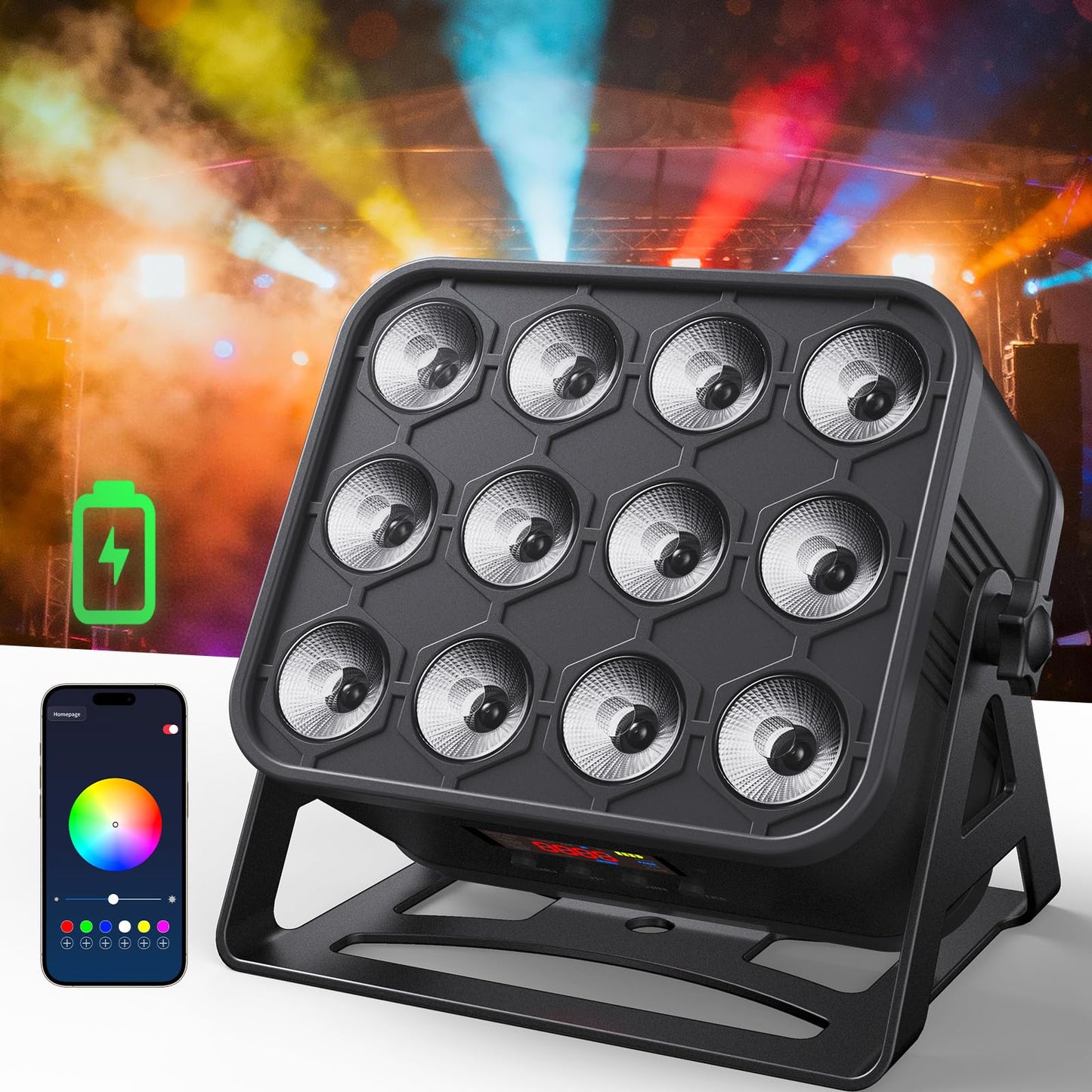 KeoBin 12x16W Rechargeable Par Lights, 8-Hr Battery Powered Uplights with DMX512/APP/Remote Control, RGBWA+UV Stage Lighting for DJ Shows, Party, Events