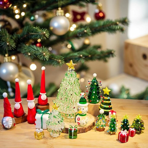 HDCRYSTALGIFTS Mini Blown Glass Christmas Figurines - Set of 4 Festive Ornaments for Holiday Decor