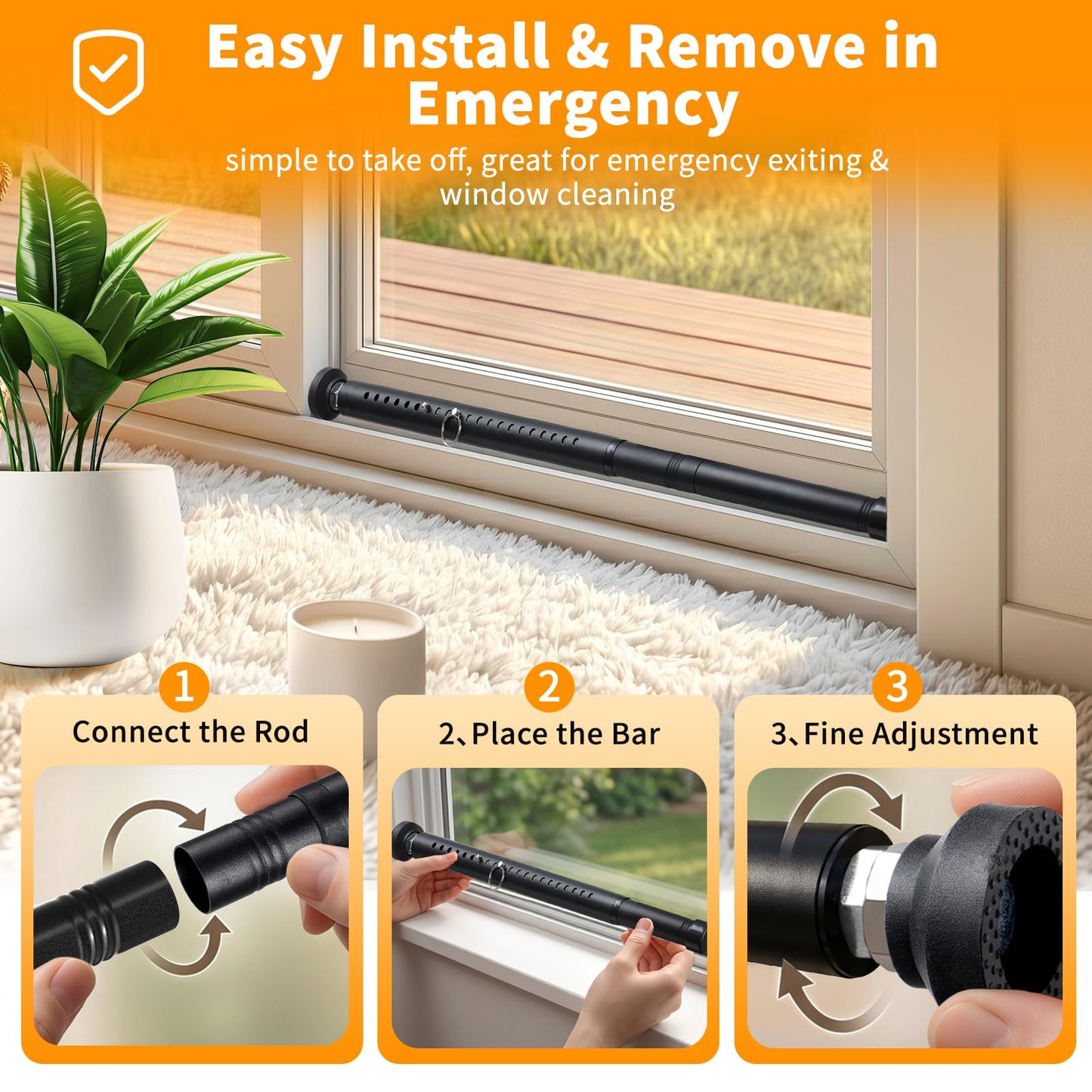 Sliding Door Security Bar 18"-51", Adjustable Sliding Door Lock Security Bar, Window Security Bars Inside for Sliding Glass Door Home Apartment Safety, Burglar Proof, Black, 2 Pack
