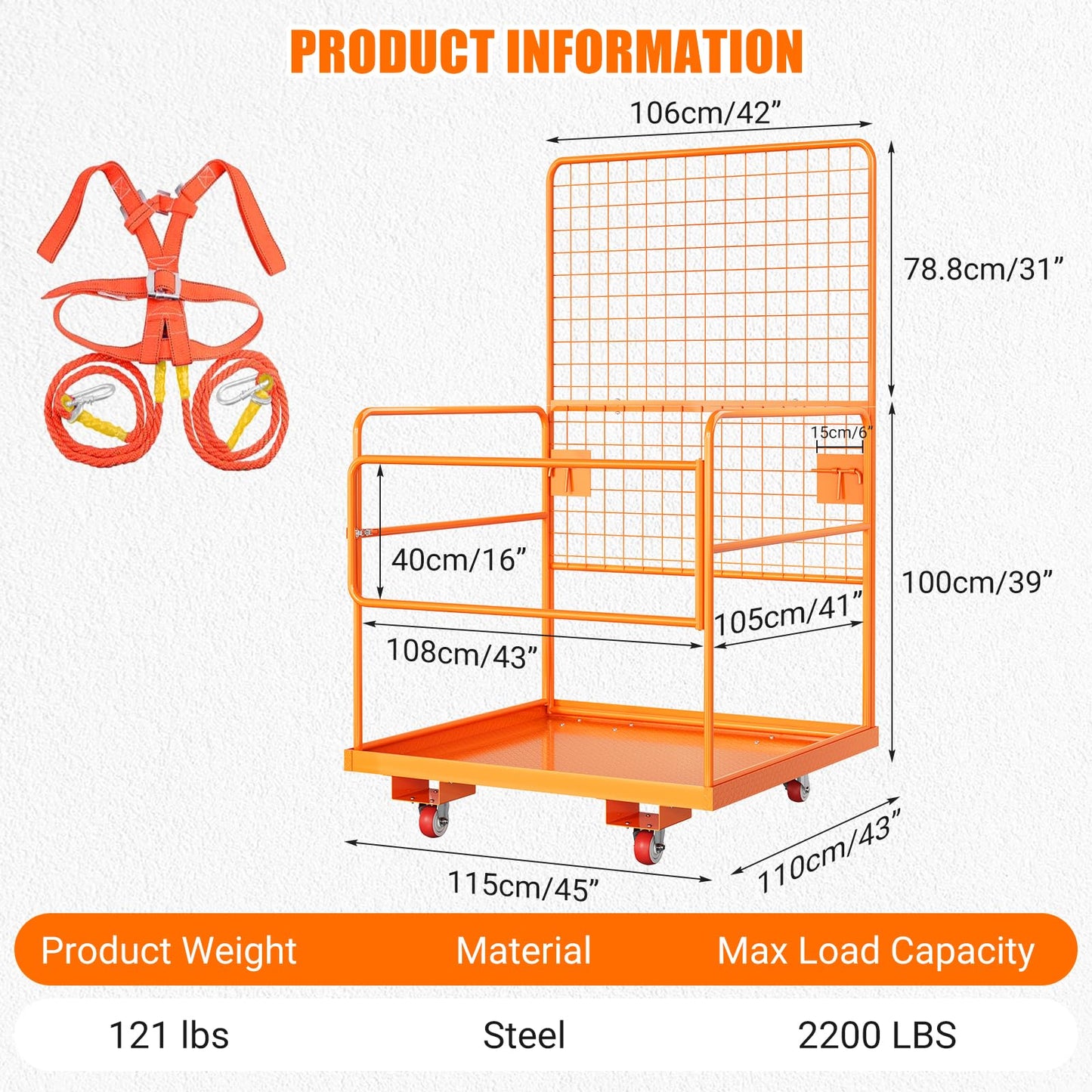43"X45" Forklift Safety Cage with Wheels, 1800Lbs Capacity Forklift Work Platform with Non-Slip Platform & Lock, Heavy-Duty Lift Basket Aerial Platform for Warehouse Rack Repair/Construction